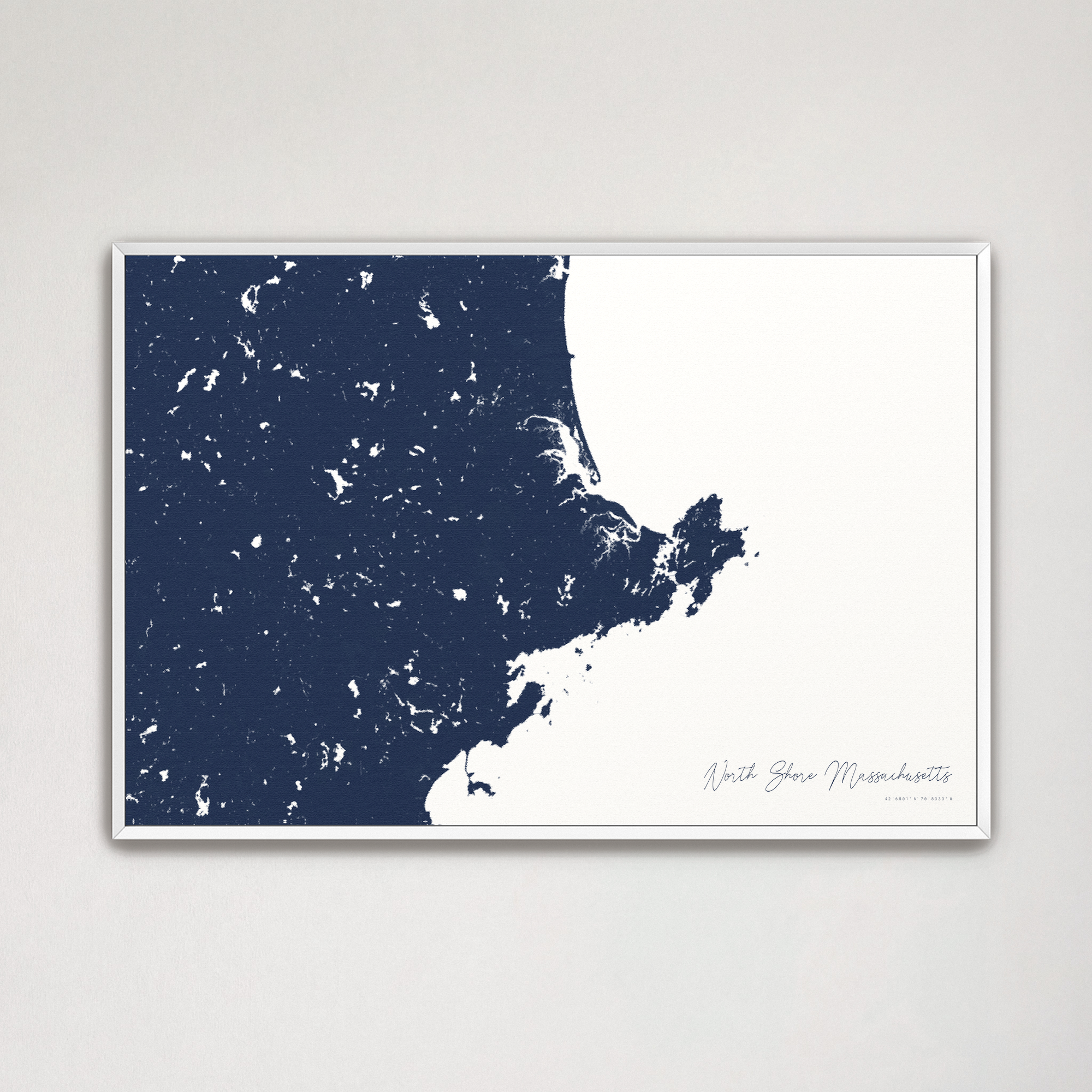 North Shore Massachusetts Coastal Map — Canvas Horizontal, navy, White Frame