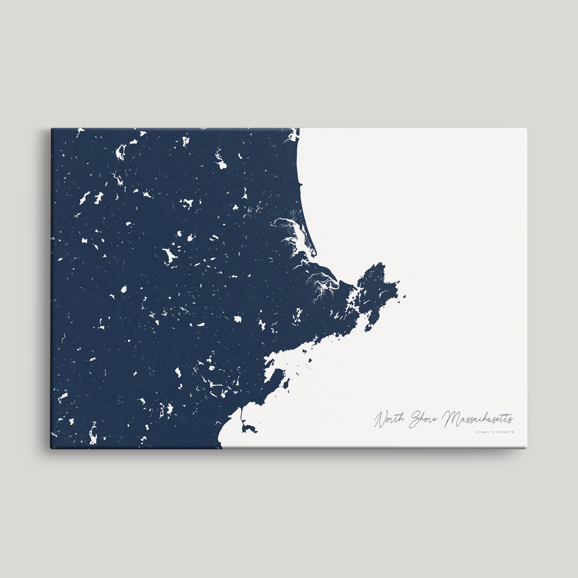 North Shore Massachusetts Coastal Map — Canvas Horizontal, navy, No Frame