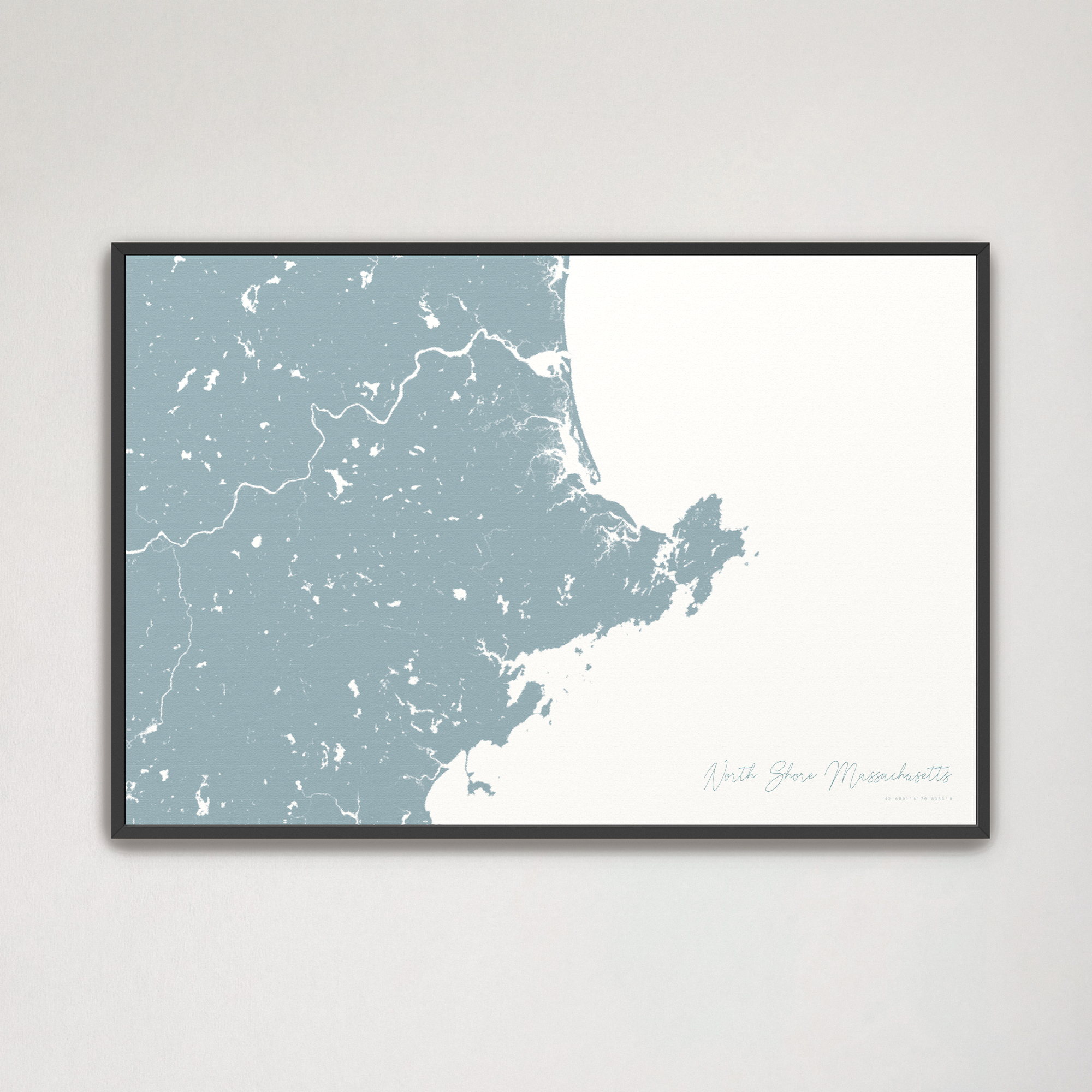 North Shore Massachusetts Coastal Map — Canvas Horizontal, soft-blue, Black Frame