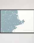 North Shore Massachusetts Coastal Map — Canvas Horizontal, soft-blue, Black Frame