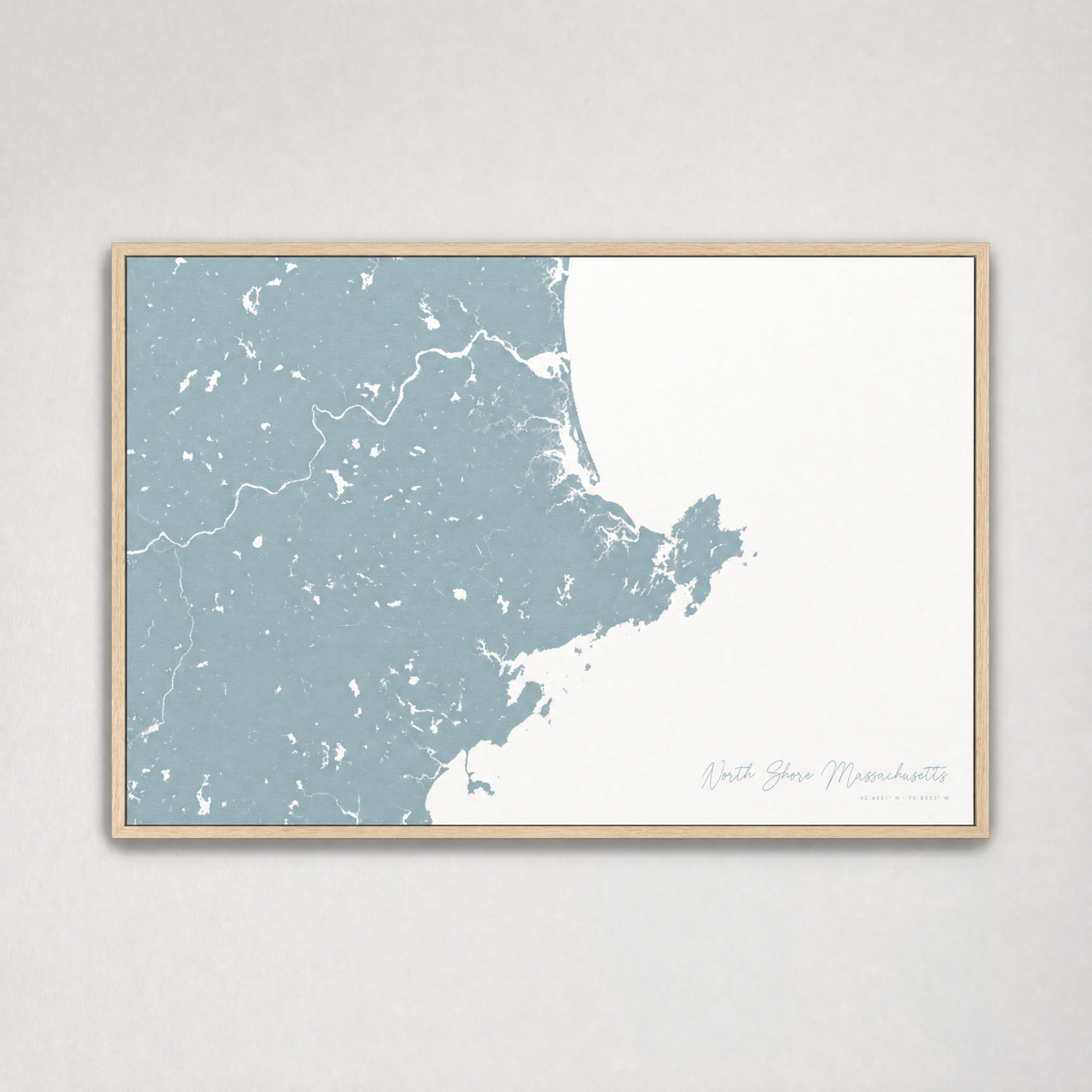 North Shore Massachusetts Coastal Map — Canvas Horizontal — soft-blue, Light Wood