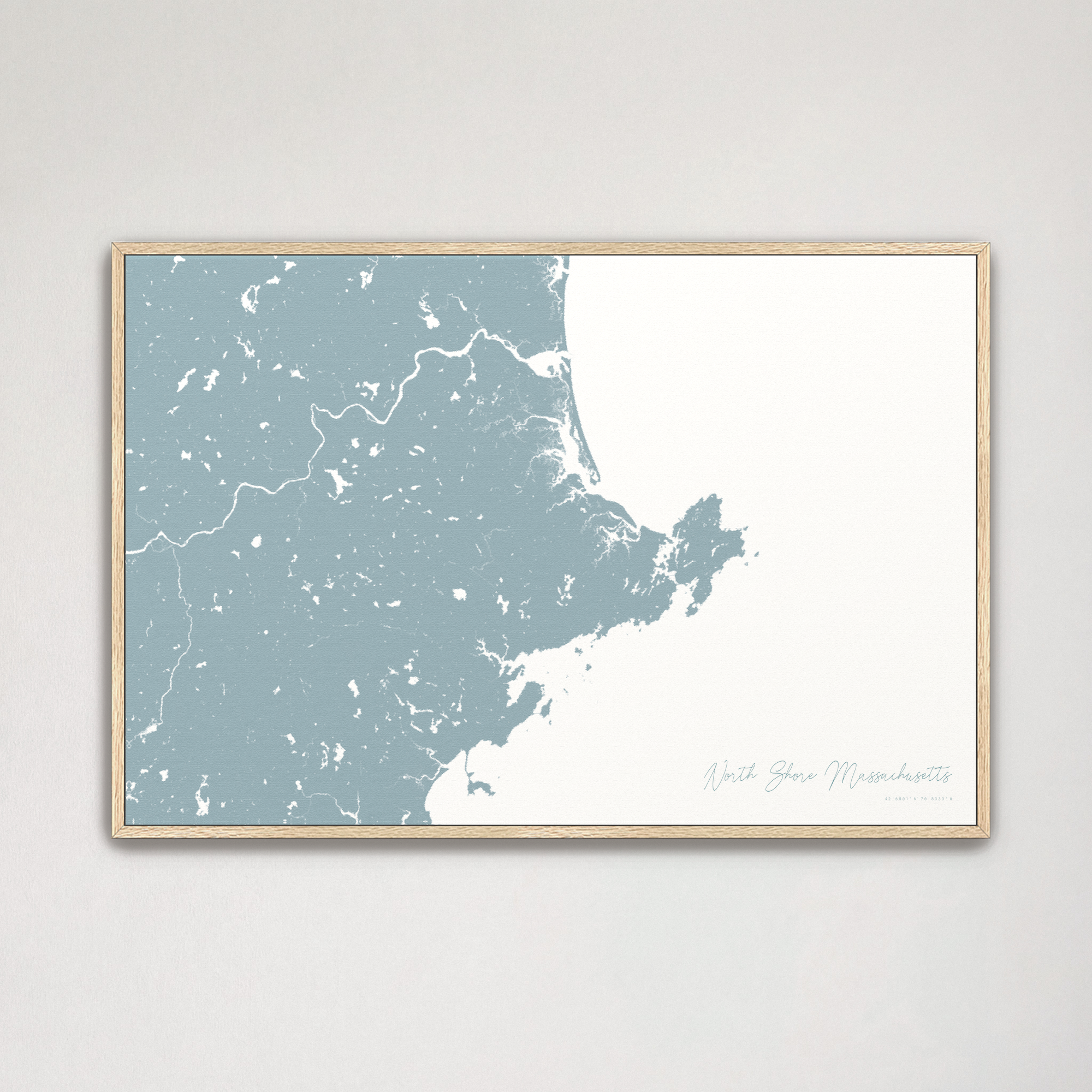 North Shore Massachusetts Coastal Map — Canvas Horizontal, soft-blue, Natural Oak