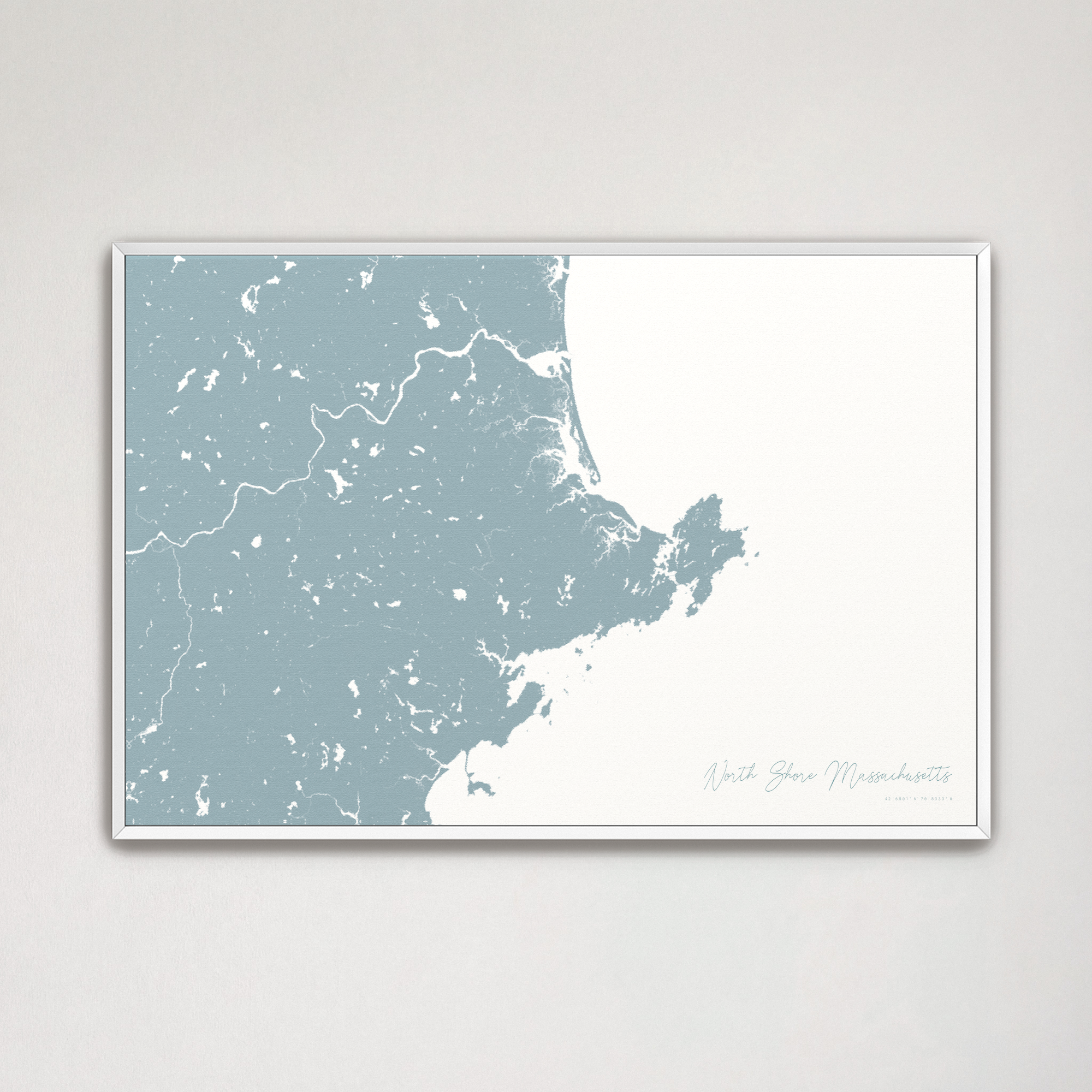 North Shore Massachusetts Coastal Map — Canvas Horizontal, soft-blue, White Frame
