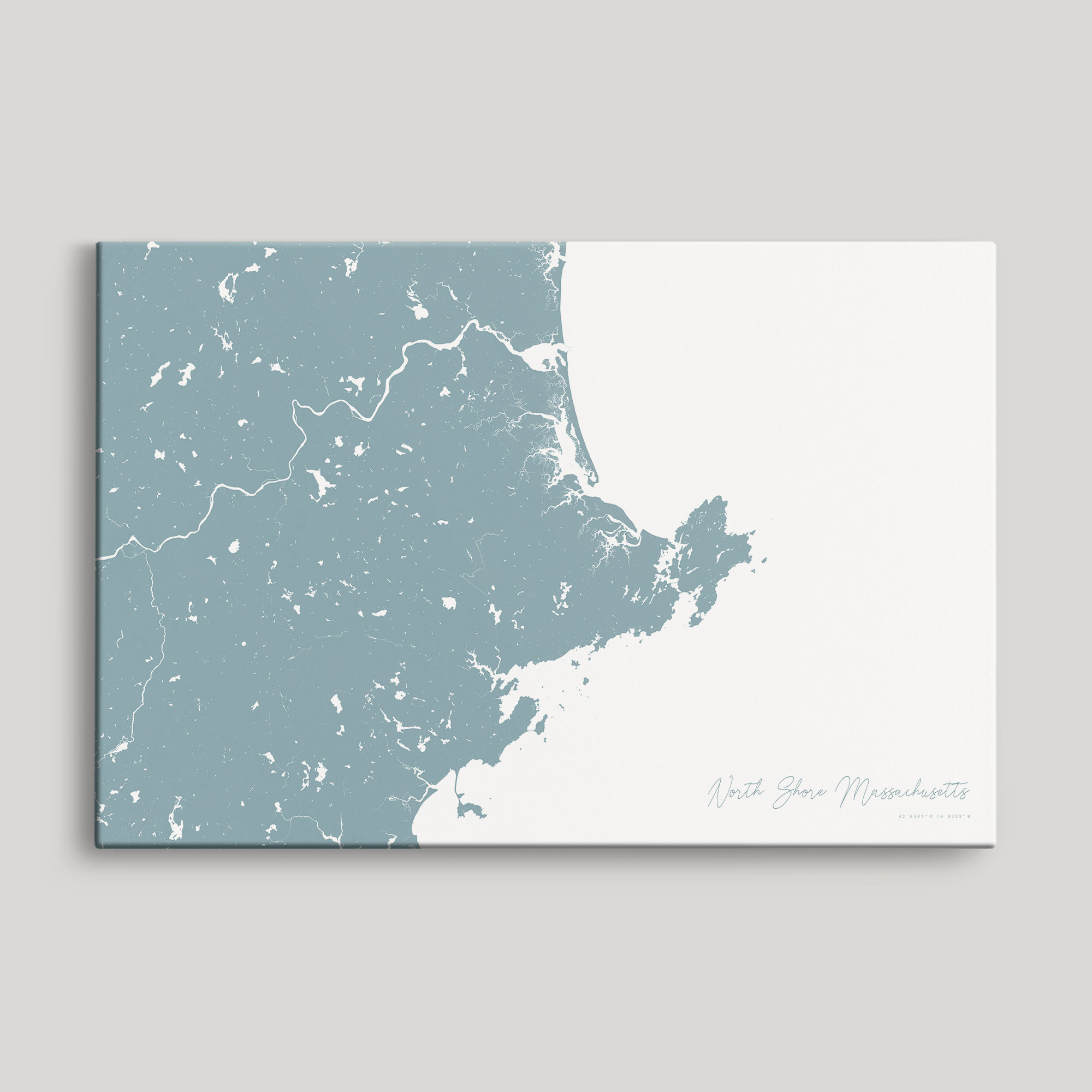 North Shore Massachusetts Coastal Map — Canvas Horizontal, soft-blue, No Frame