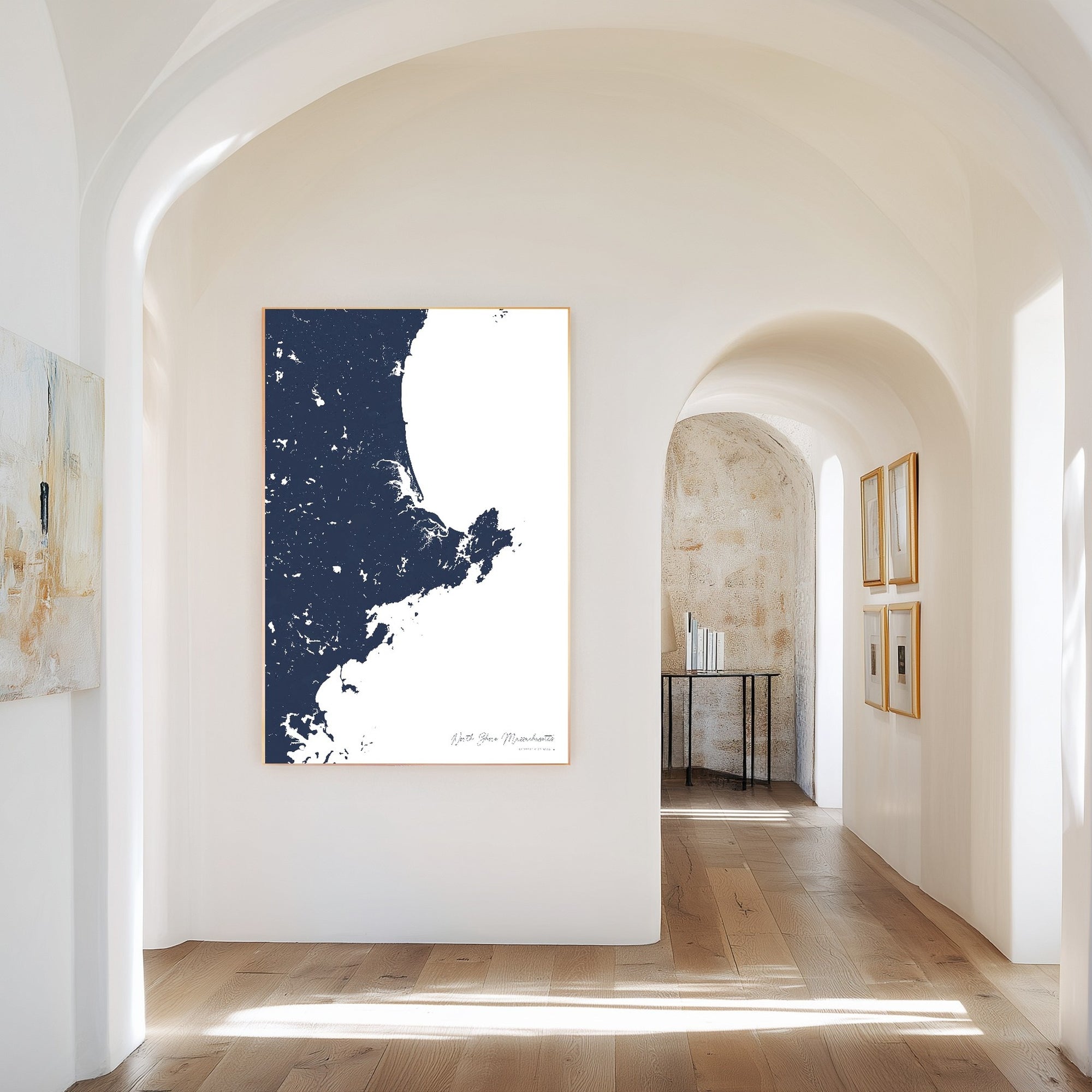 North Shore Massachusetts navy vertical canvas map in the Bello mixed room scene
