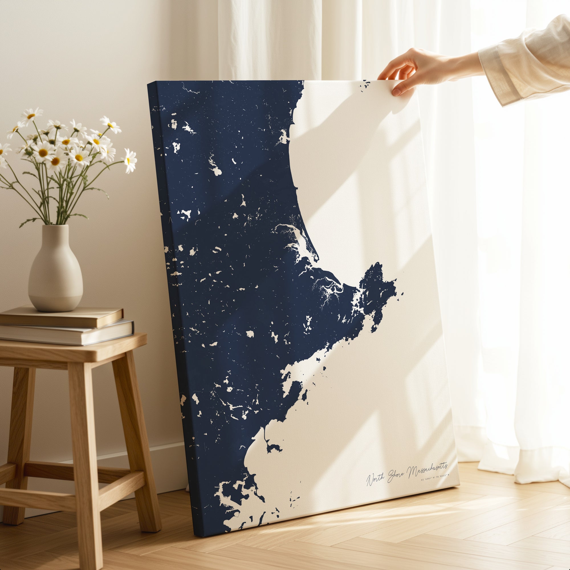 North Shore Massachusetts navy vertical wrapped canvas map in the ratio 2:3 hand mockup