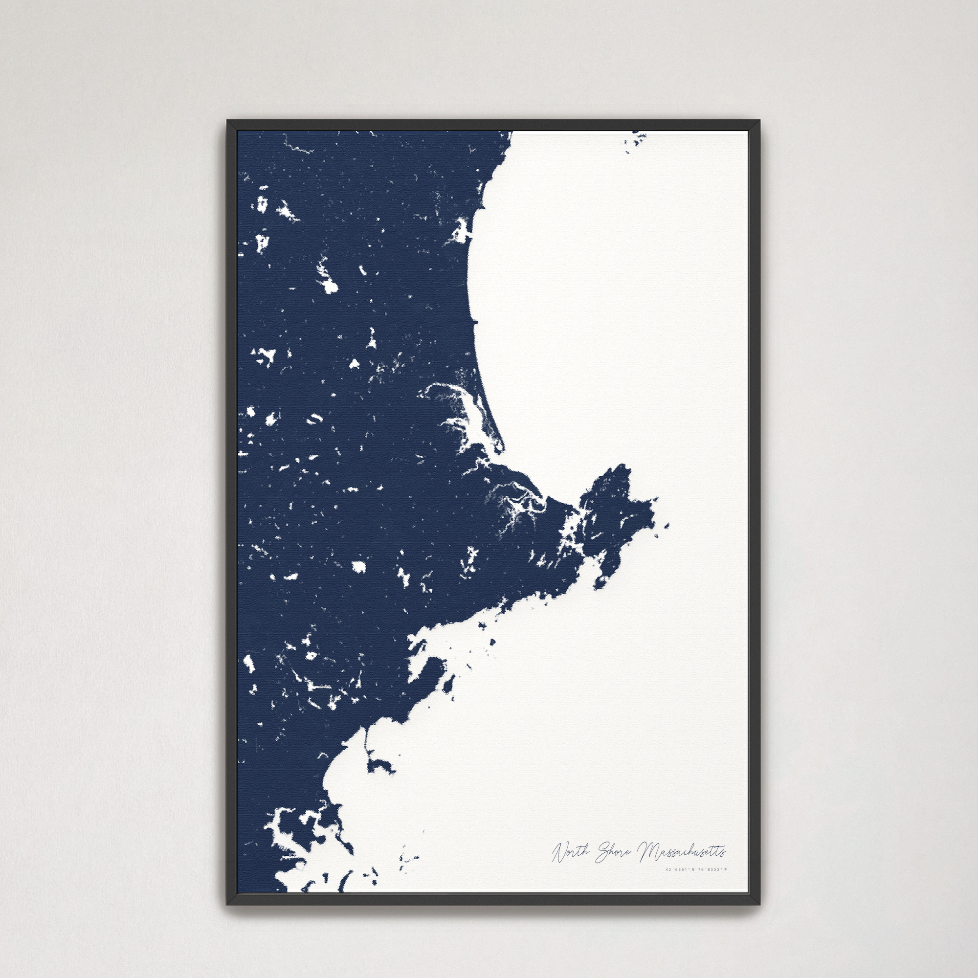 North Shore Massachusetts Coastal Map — Canvas Vertical, navy, Black Frame