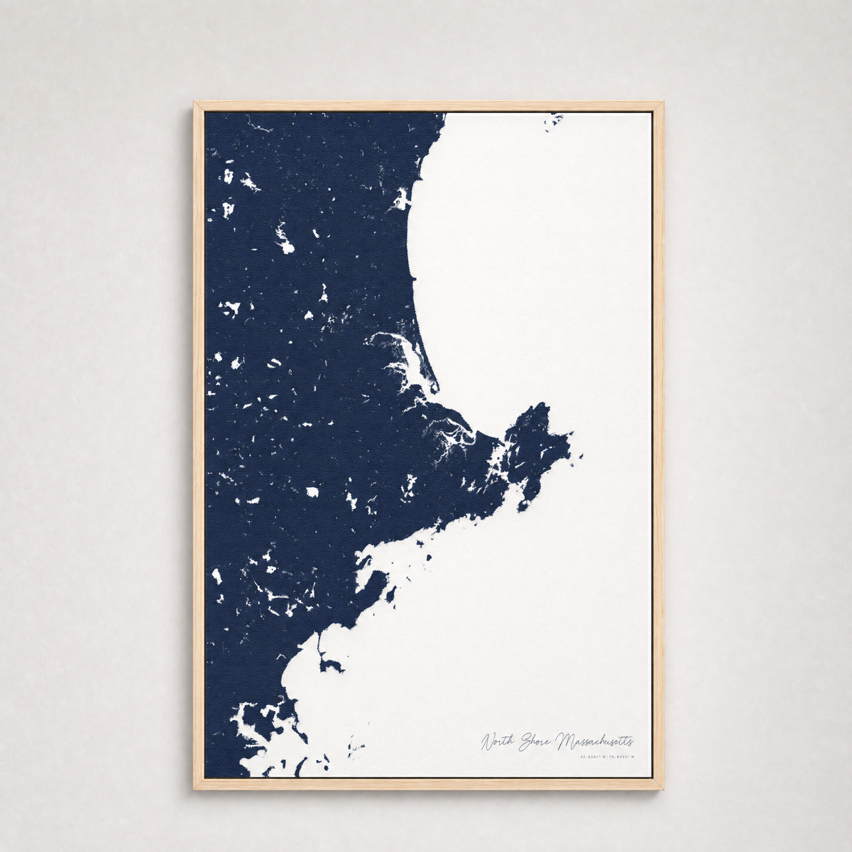 North Shore Massachusetts Coastal Map — Canvas Vertical — navy, Light Wood