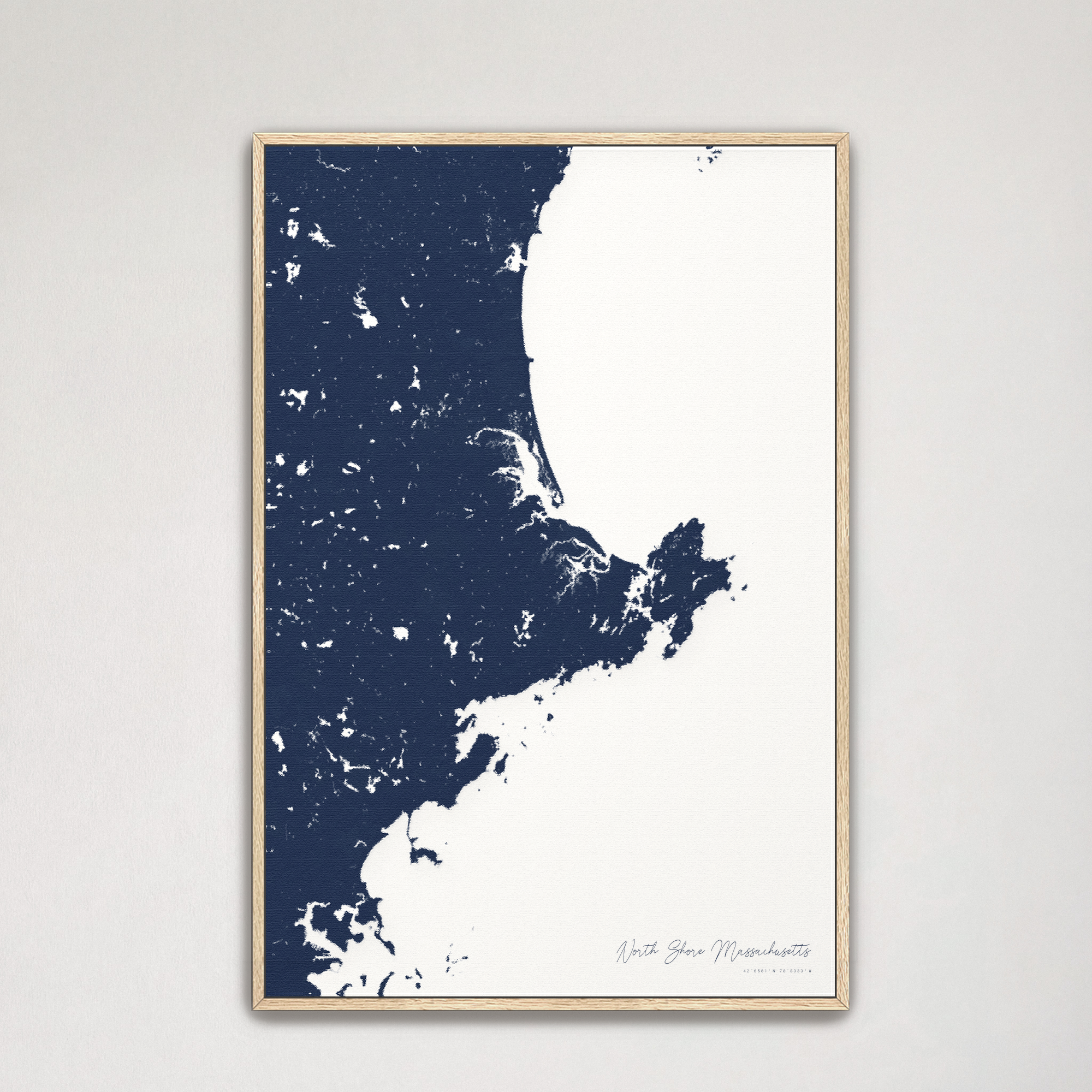 North Shore Massachusetts Coastal Map — Canvas Vertical, navy, Natural Oak