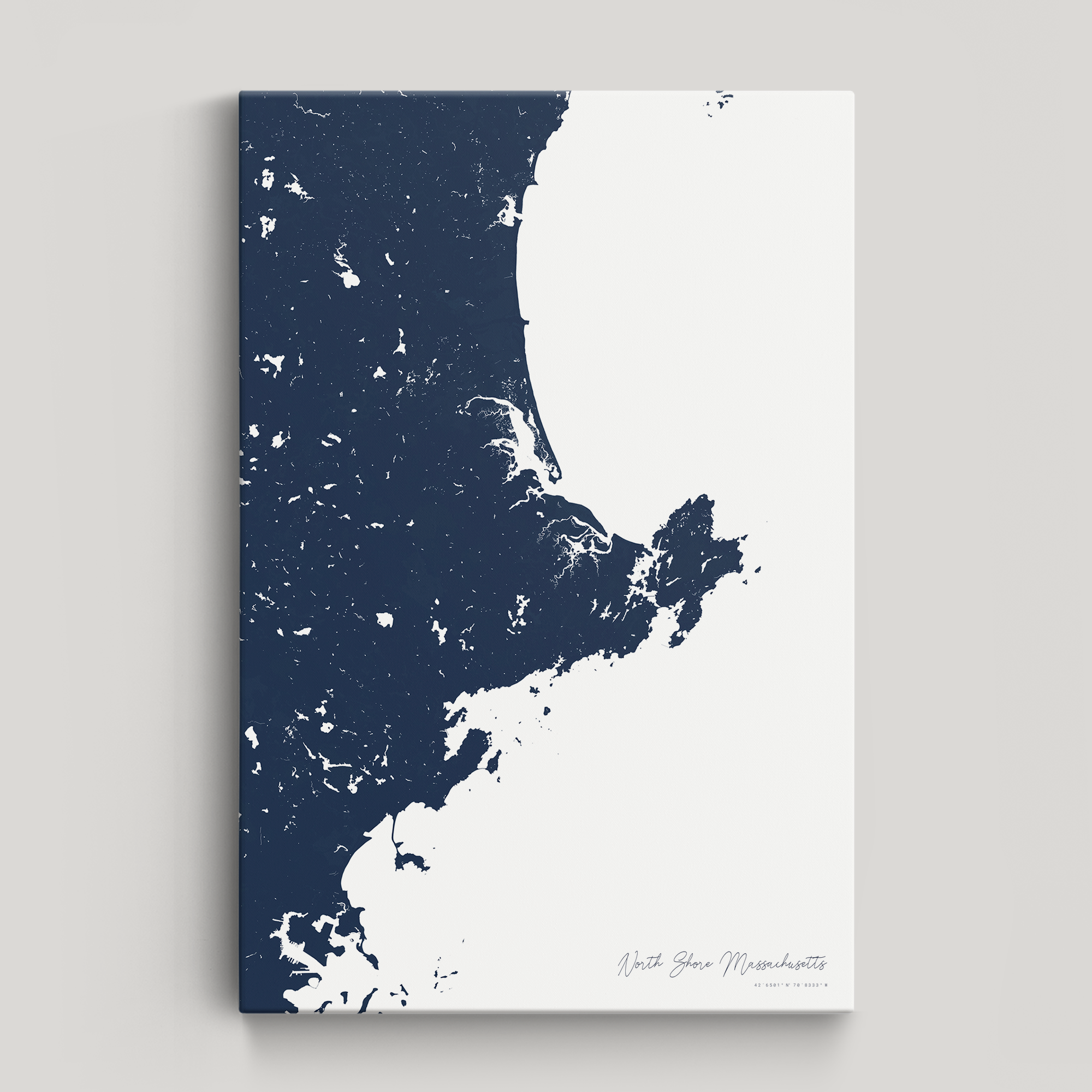 North Shore Massachusetts Coastal Map — Canvas Vertical, navy, No Frame