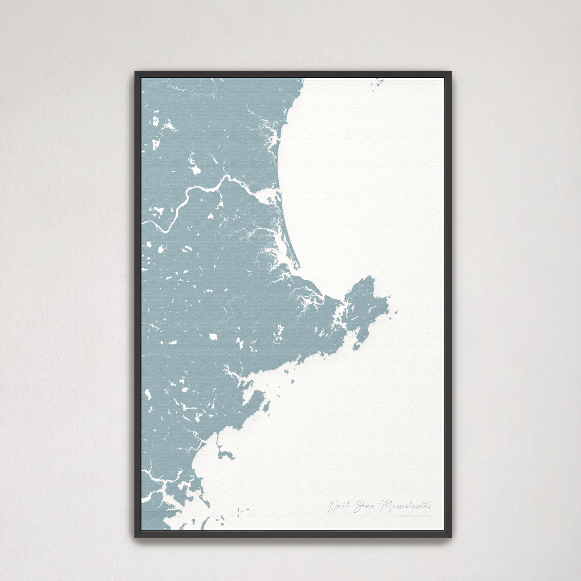 North Shore Massachusetts Coastal Map — Canvas Vertical, soft-blue, Black Frame