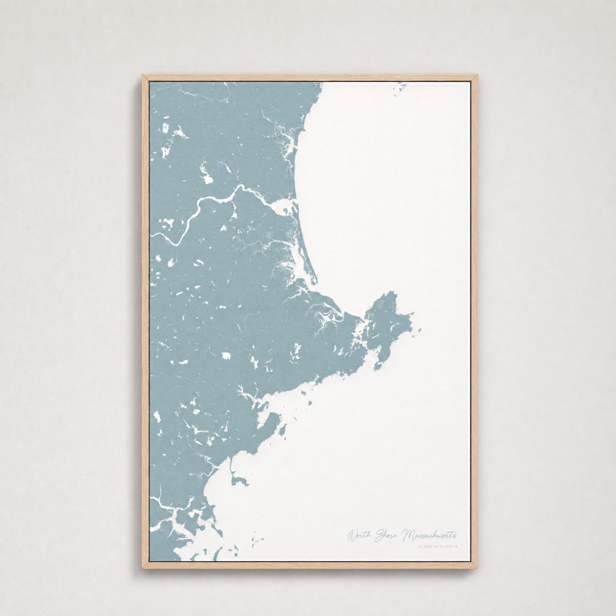 North Shore Massachusetts Coastal Map — Canvas Vertical — soft-blue, Light Wood