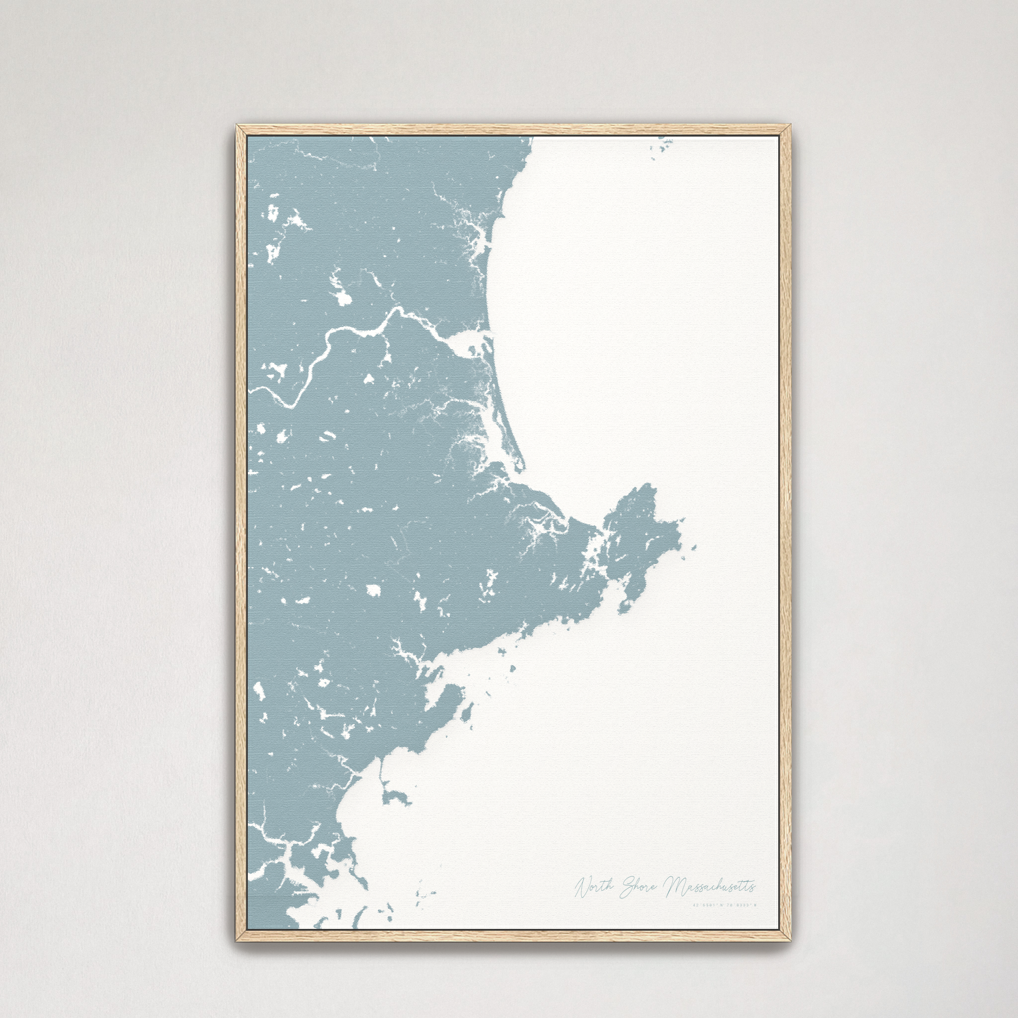 North Shore Massachusetts Coastal Map — Canvas Vertical, soft-blue, Natural Oak