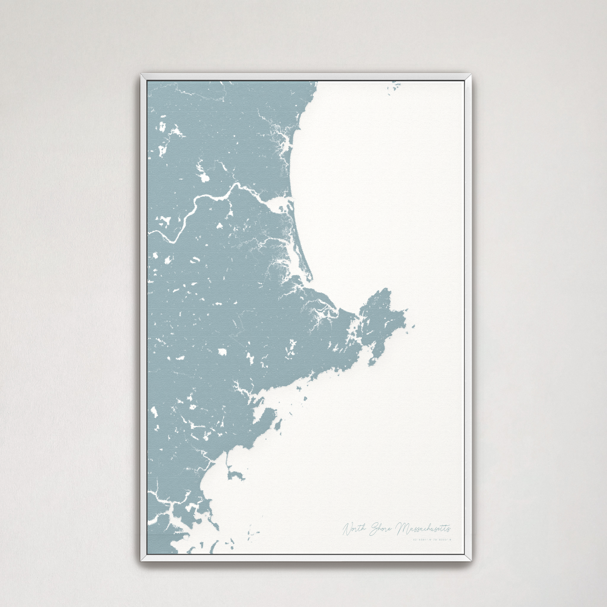 North Shore Massachusetts Coastal Map — Canvas Vertical, soft-blue, White Frame