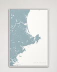 North Shore Massachusetts Coastal Map — Canvas Vertical, soft-blue, White Frame