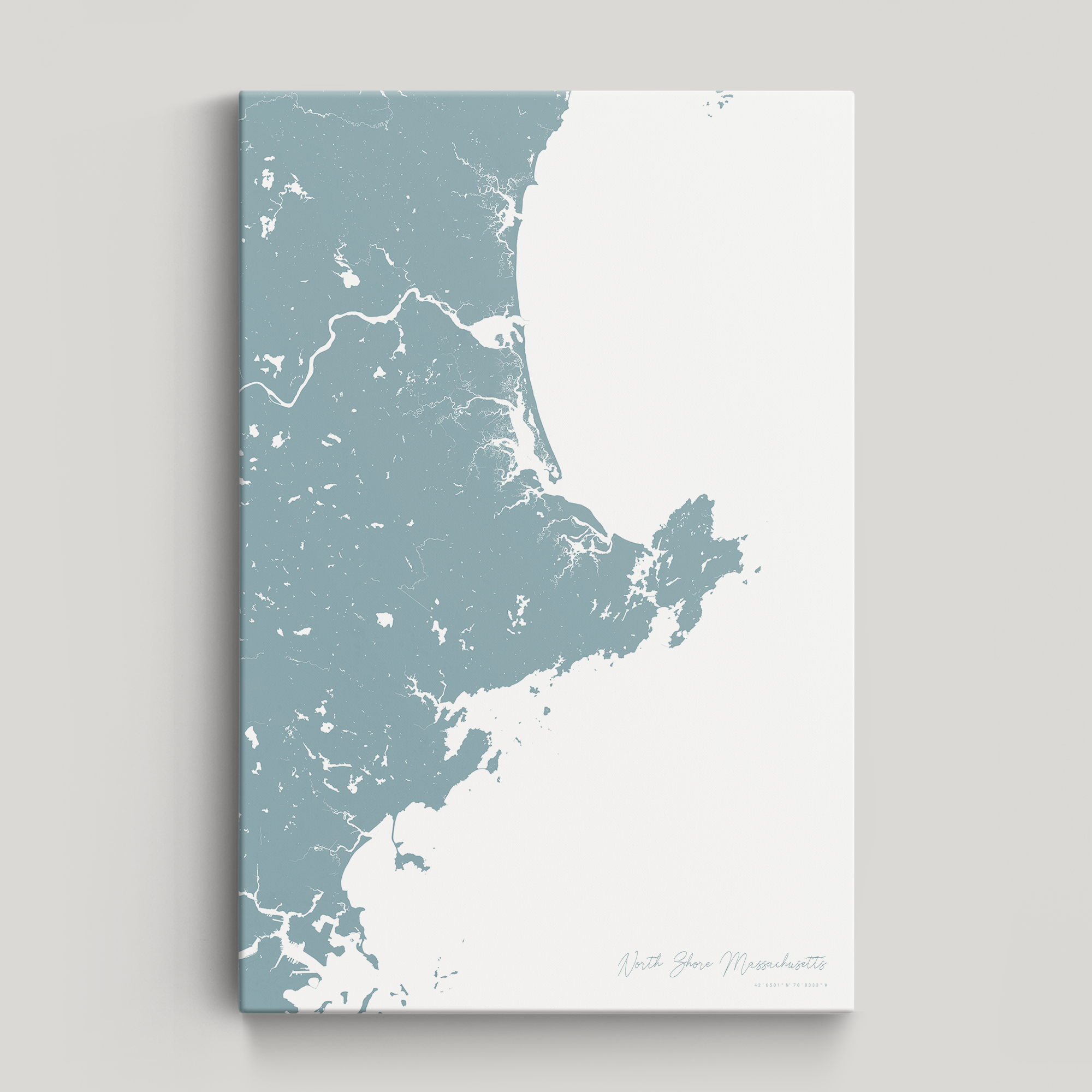 North Shore Massachusetts Coastal Map — Canvas Vertical, soft-blue, No Frame