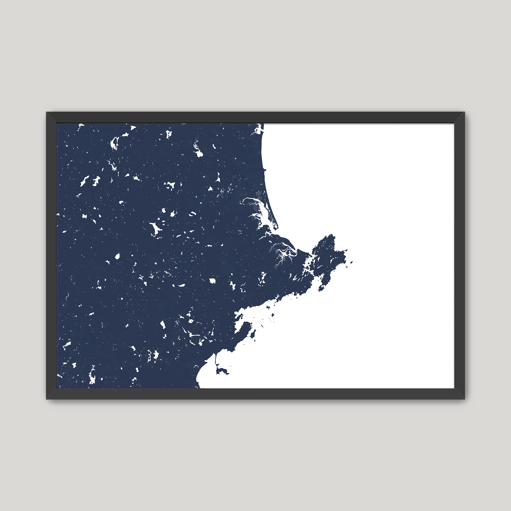 North Shore Massachusetts Coastal Map — Fine Art Print Horizontal, navy, Black Frame, 10x8