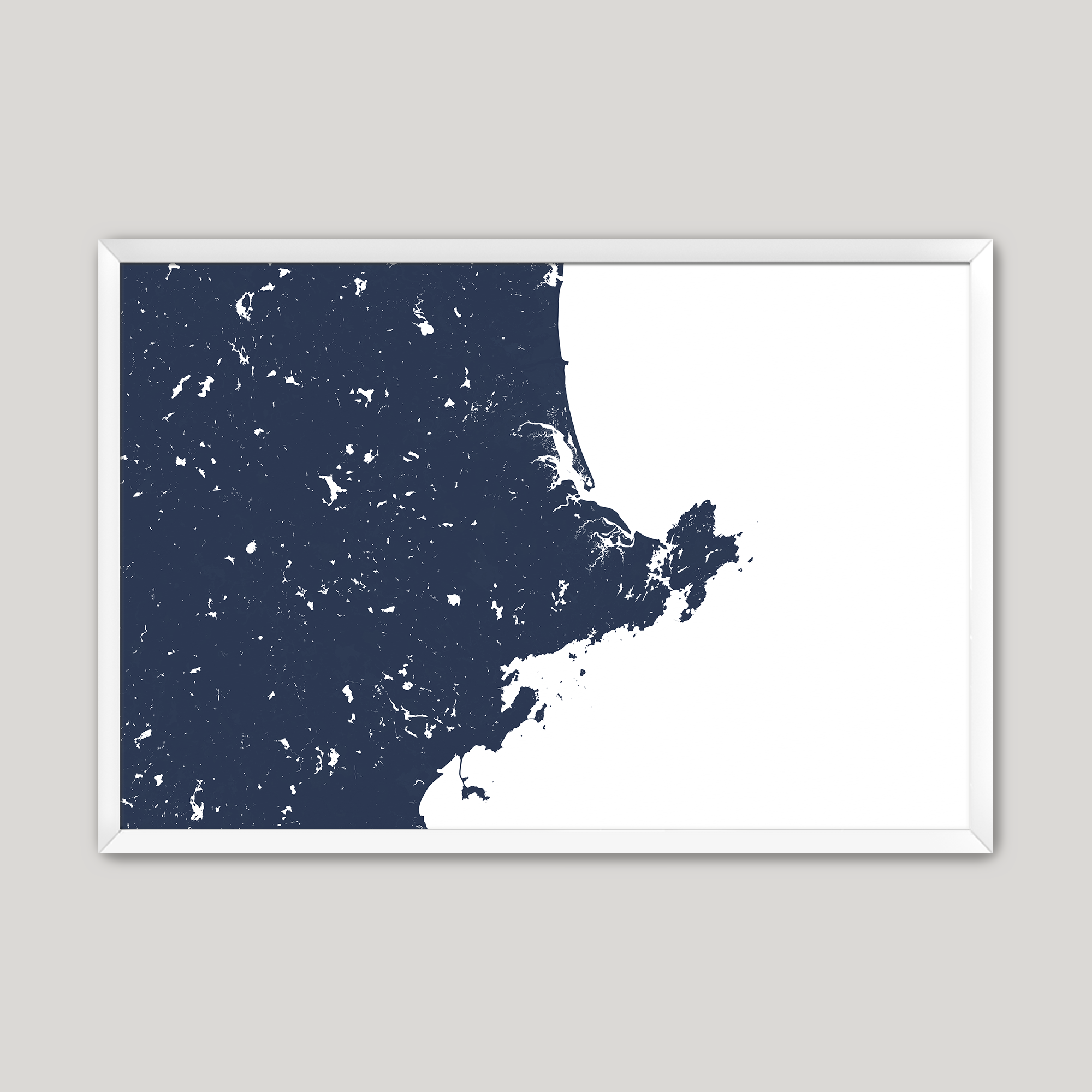 North Shore Massachusetts Coastal Map — Fine Art Print Horizontal, navy, White Frame, 10x8
