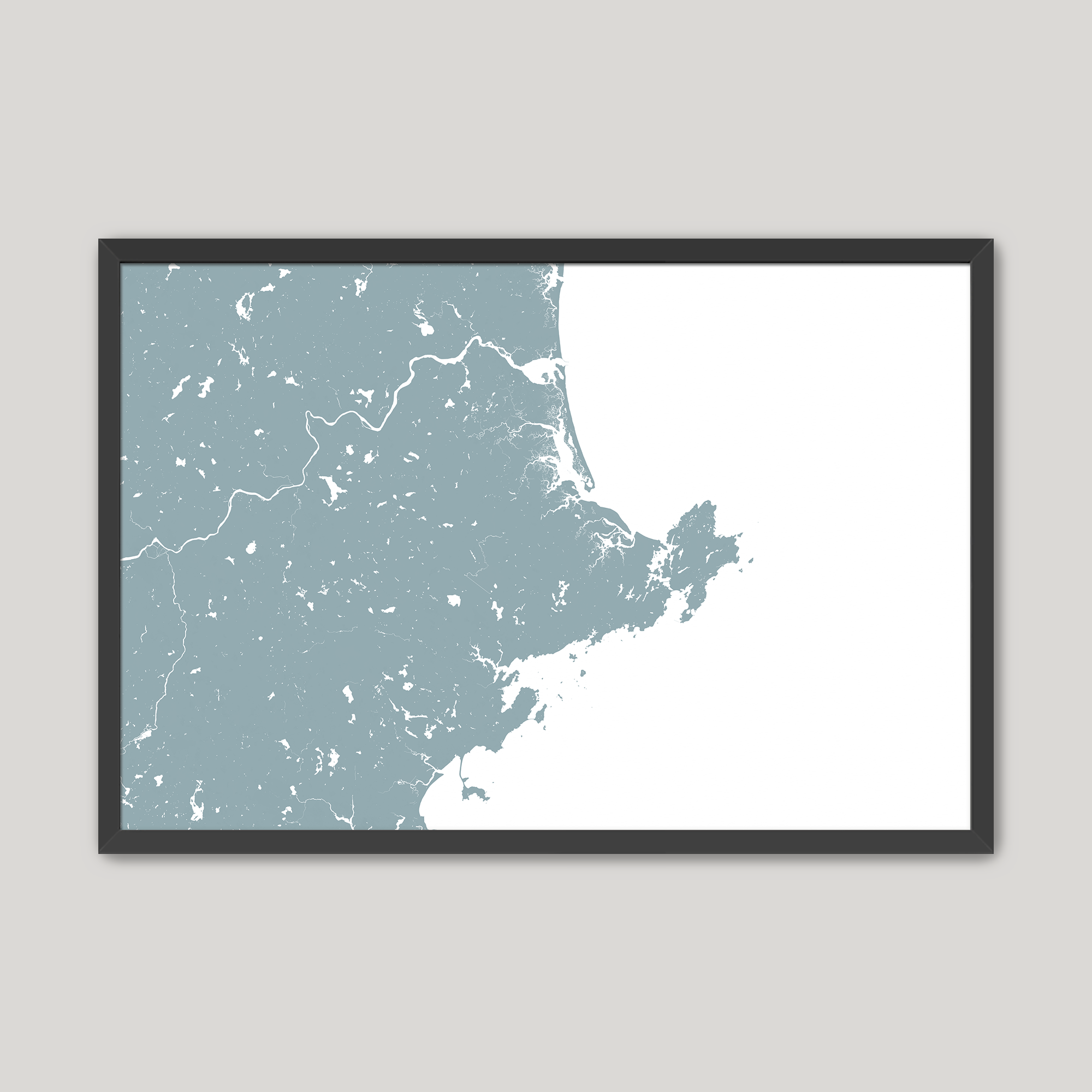 North Shore Massachusetts Coastal Map — Fine Art Print Horizontal, soft-blue, Black Frame, 10x8