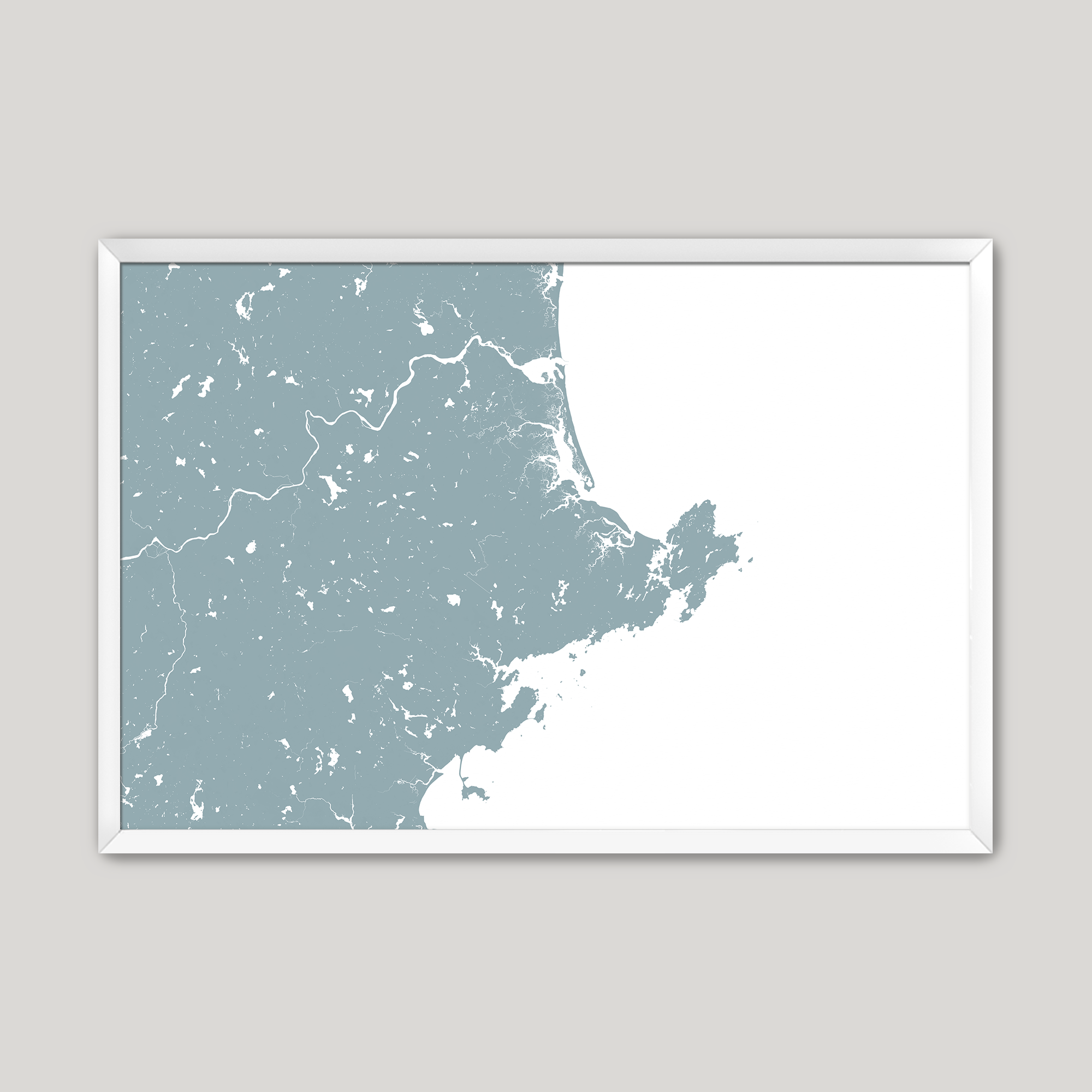 North Shore Massachusetts Coastal Map — Fine Art Print Horizontal, soft-blue, White Frame, 10x8