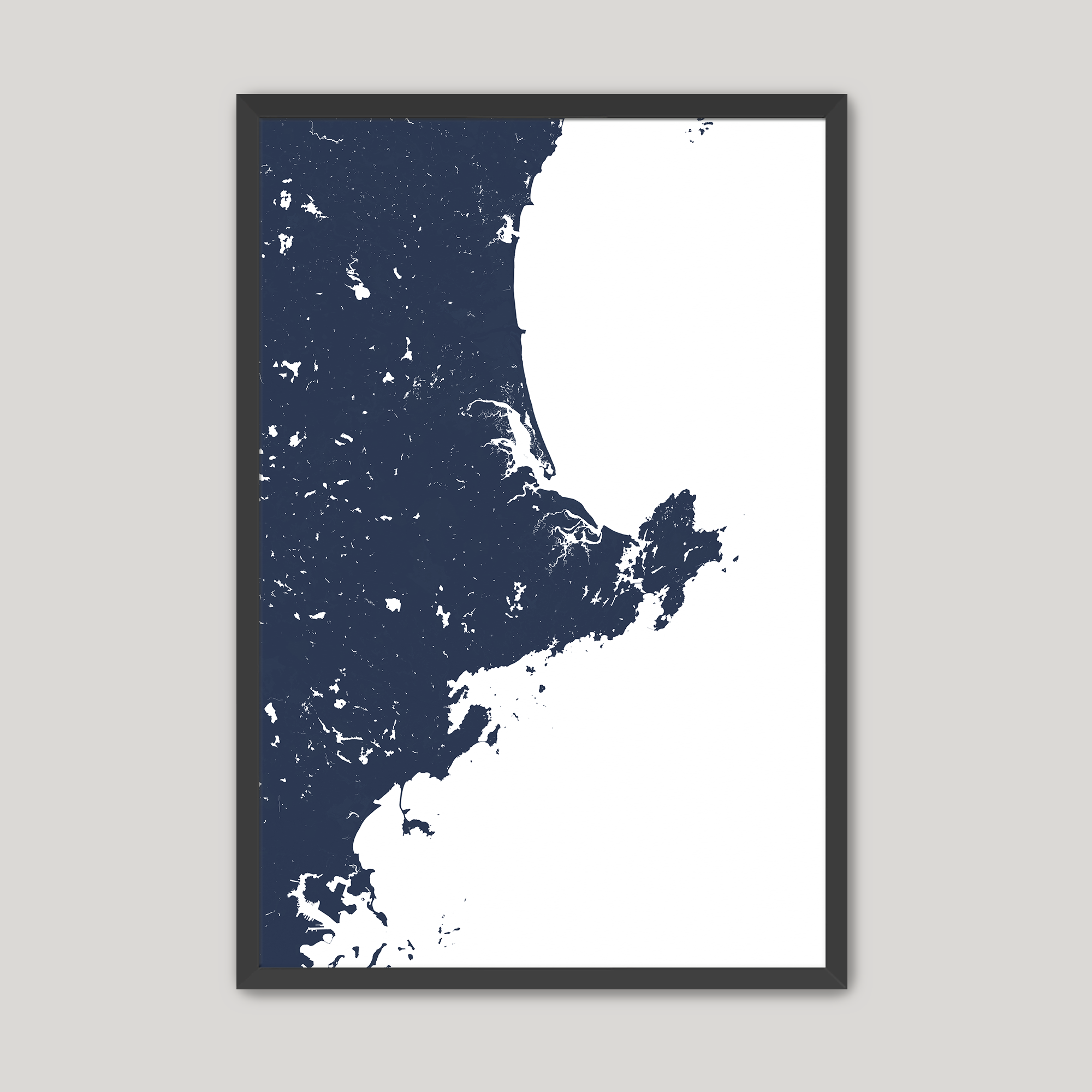 North Shore Massachusetts Coastal Map — Fine Art Print Vertical, navy, Black Frame, 8x10
