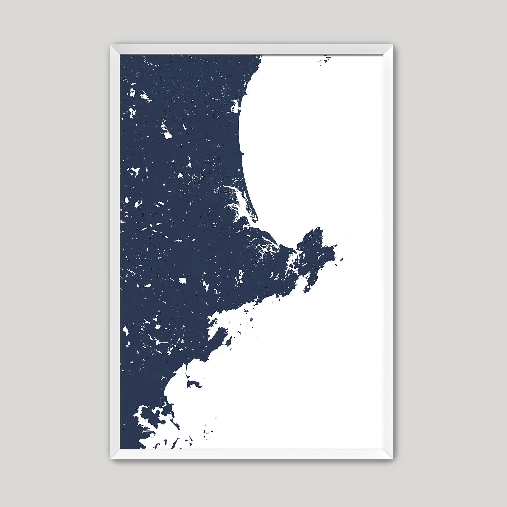 North Shore Massachusetts Coastal Map — Fine Art Print Vertical, navy, White Frame, 8x10