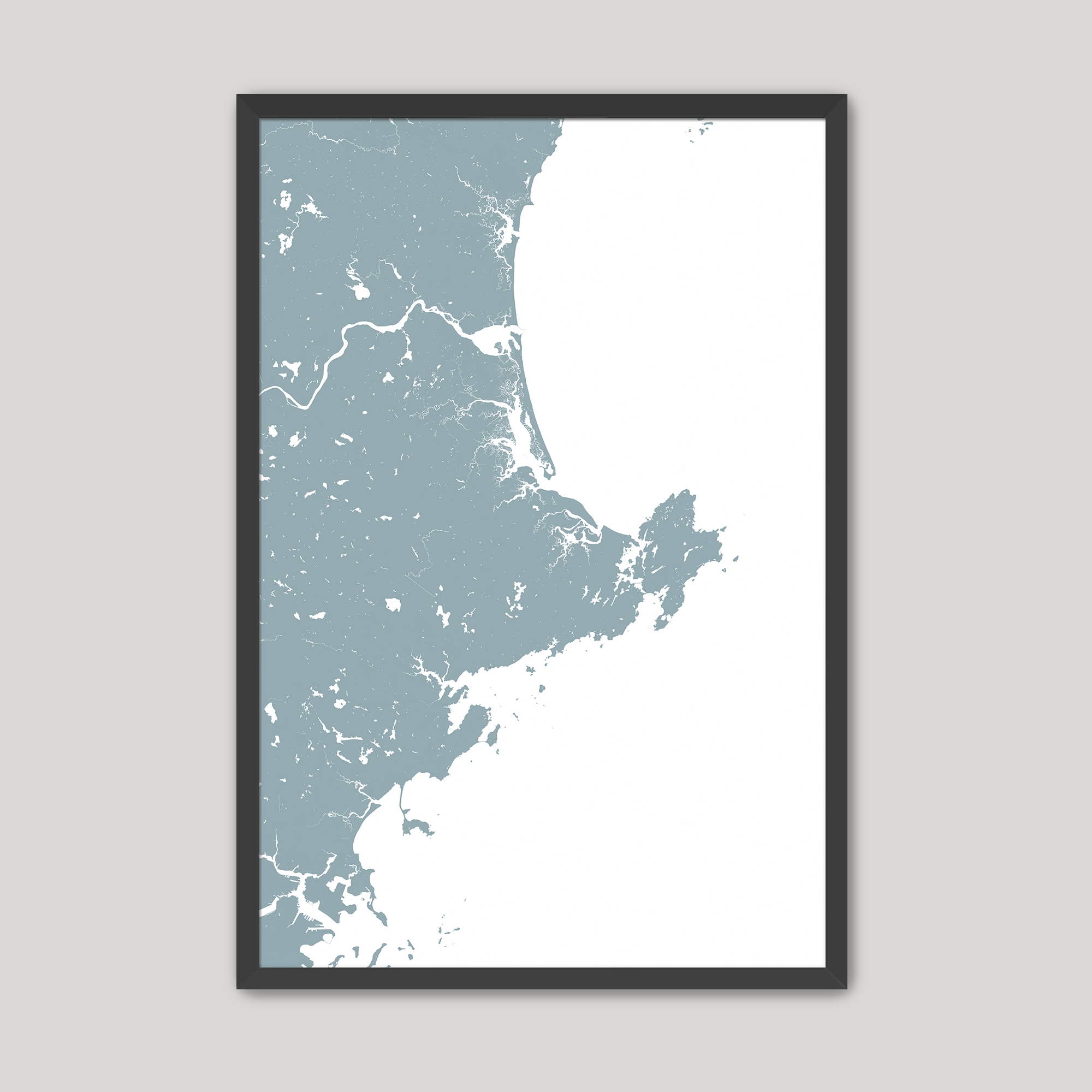 North Shore Massachusetts Coastal Map — Fine Art Print Vertical, soft-blue, Black Frame, 8x10