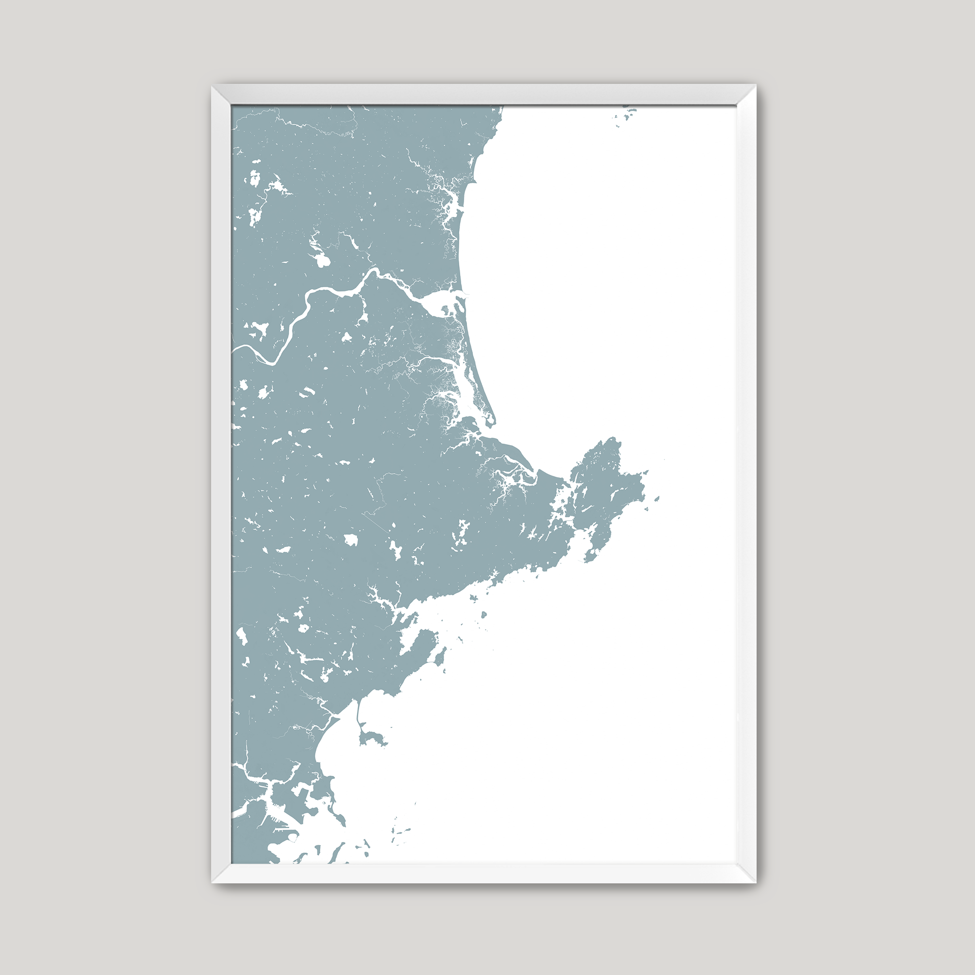 North Shore Massachusetts Coastal Map — Fine Art Print Vertical, soft-blue, White Frame, 8x10
