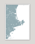 North Shore Massachusetts Coastal Map — Fine Art Print Vertical, soft-blue, White Frame, 8x10
