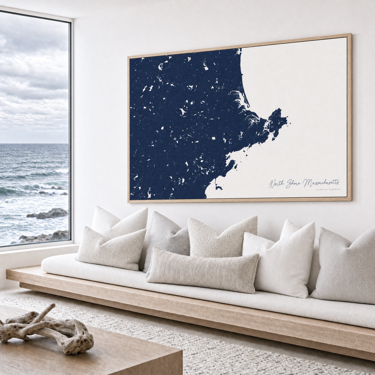 North Shore Massachusetts canvas map — sea-view bench interior