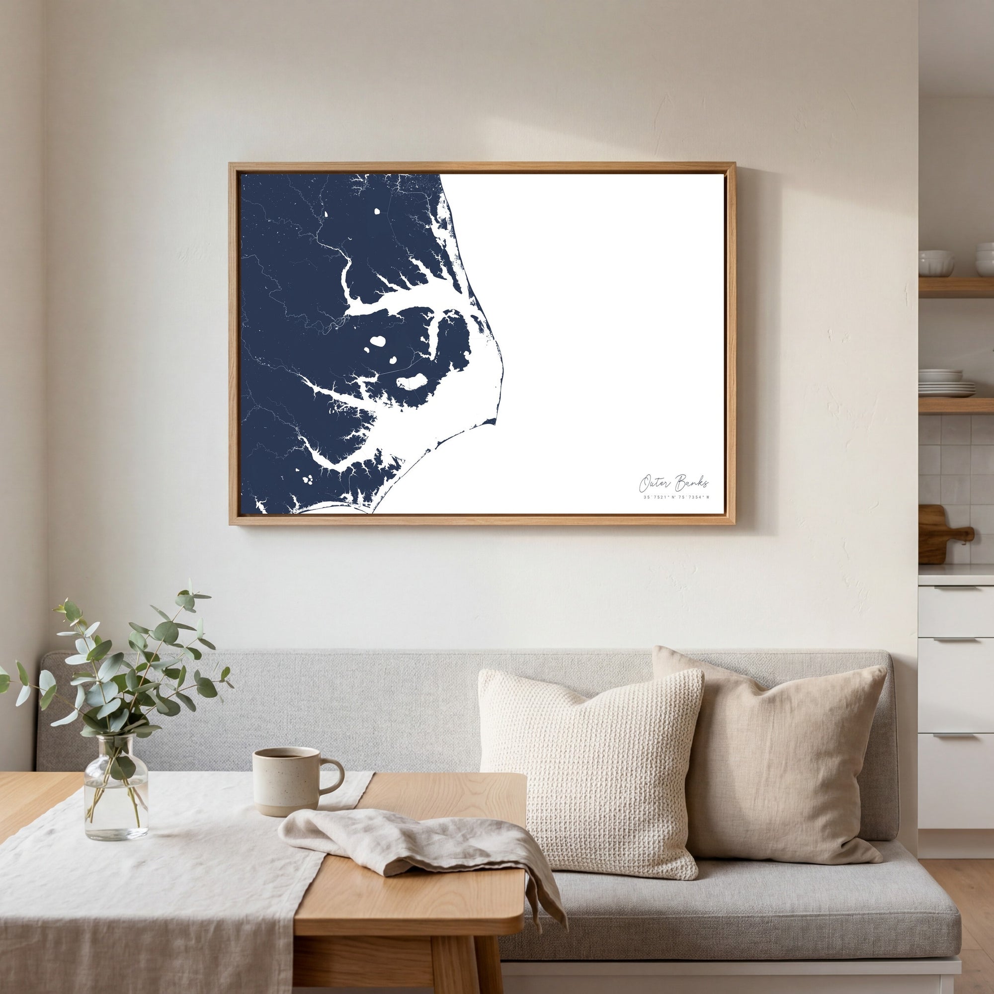 Outer Banks navy horizontal canvas map in an oak framed room scene