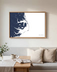 Outer Banks navy horizontal canvas map in an oak framed room scene