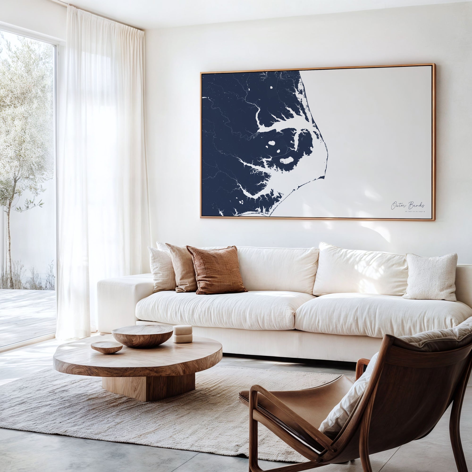 Outer Banks navy horizontal canvas map in an oak framed room scene