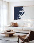Outer Banks navy horizontal canvas map in an oak framed room scene