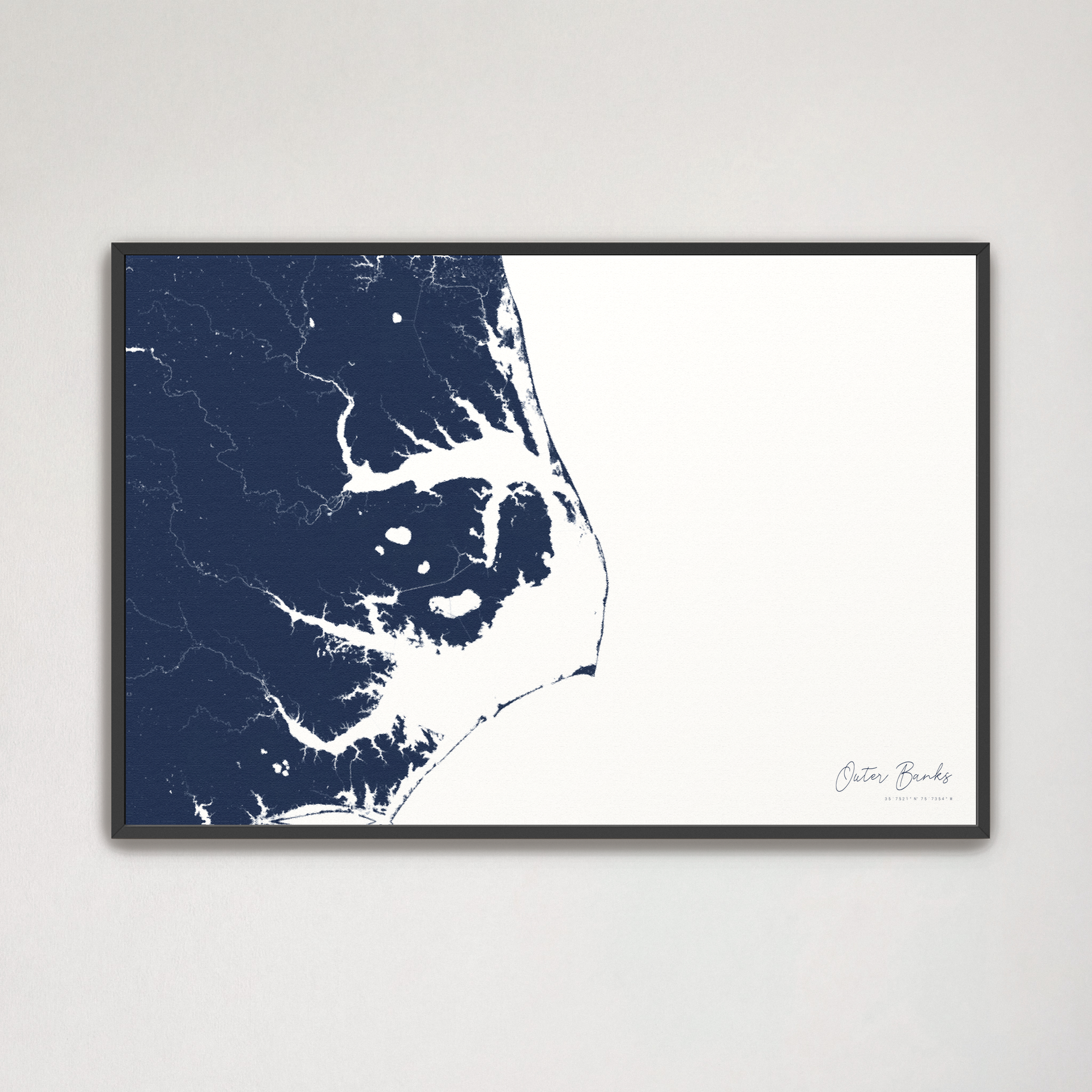 Outer Banks Canvas Map - Horizontal, navy, Black Frame
