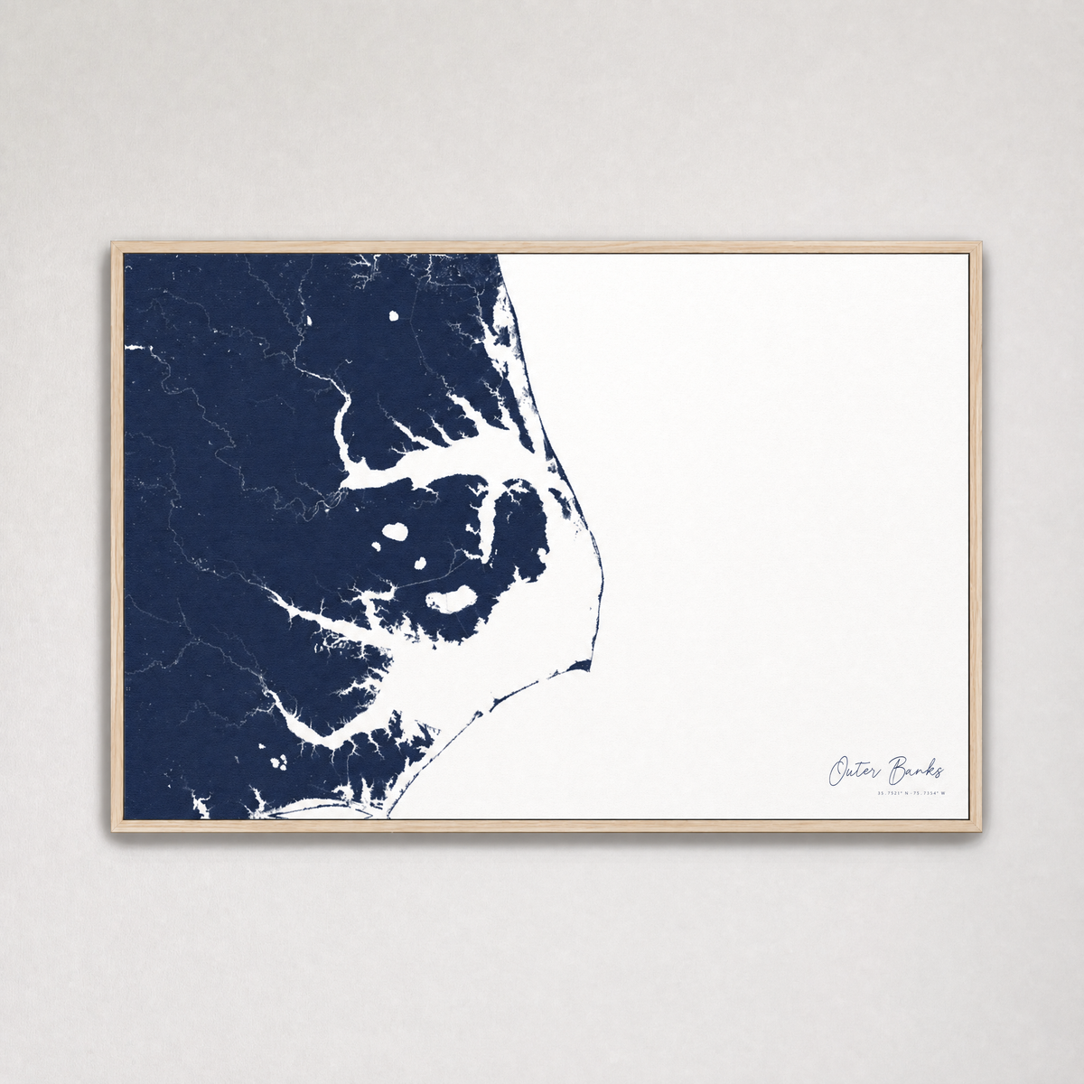 Outer Banks Canvas Map - Horizontal — navy, Light Wood