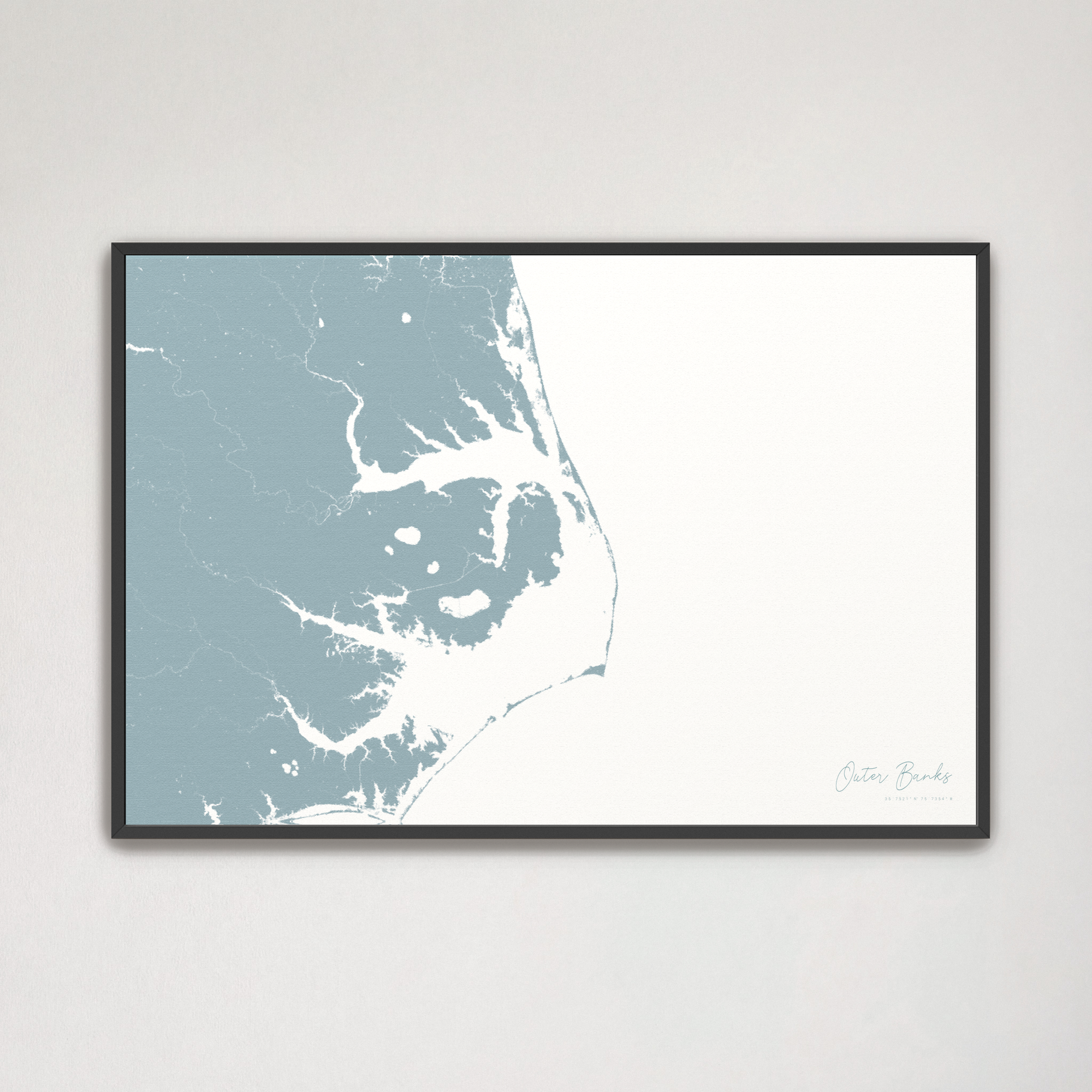 Outer Banks Canvas Map - Horizontal, soft-blue, Black Frame