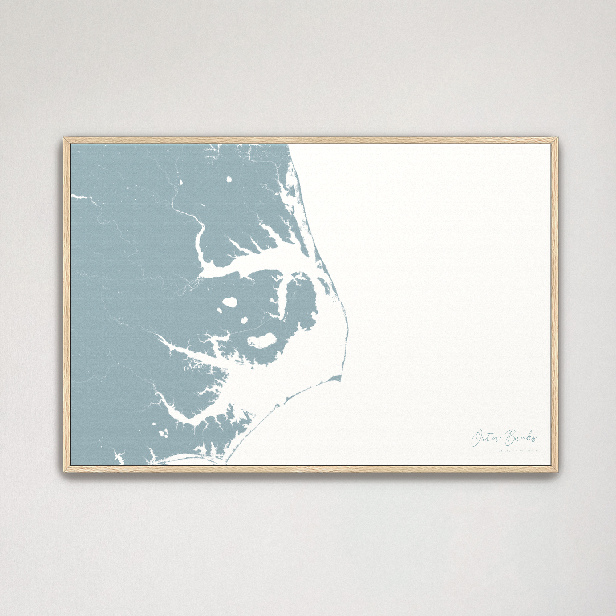 Outer Banks Canvas Map - Horizontal, soft-blue, Natural Oak