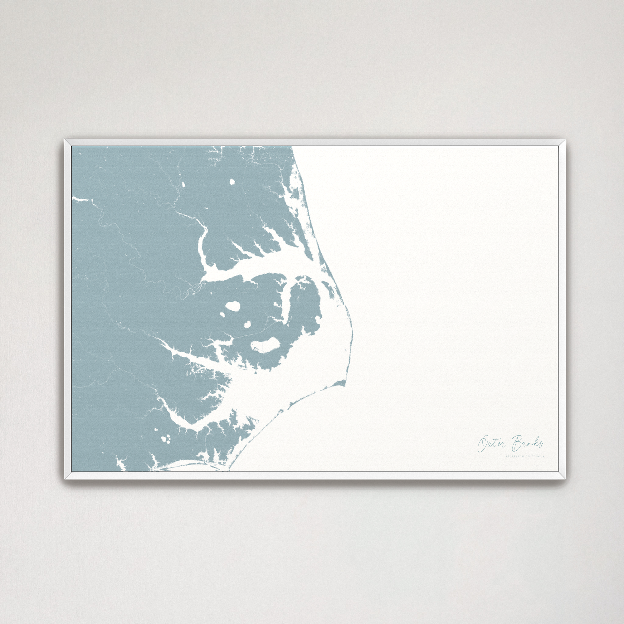 Outer Banks Canvas Map - Horizontal, soft-blue, White Frame
