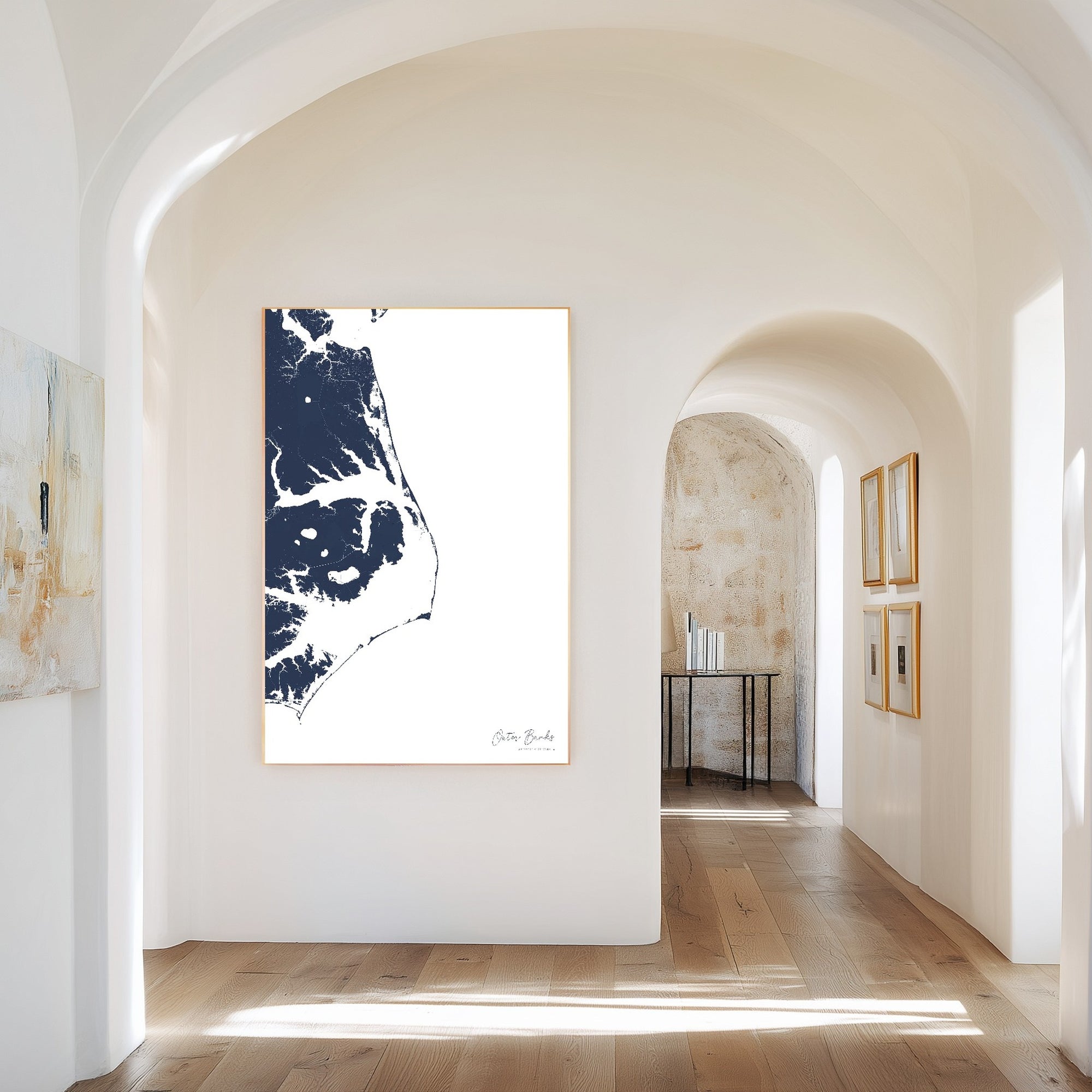 Outer Banks navy vertical canvas map in the Bello mixed room scene
