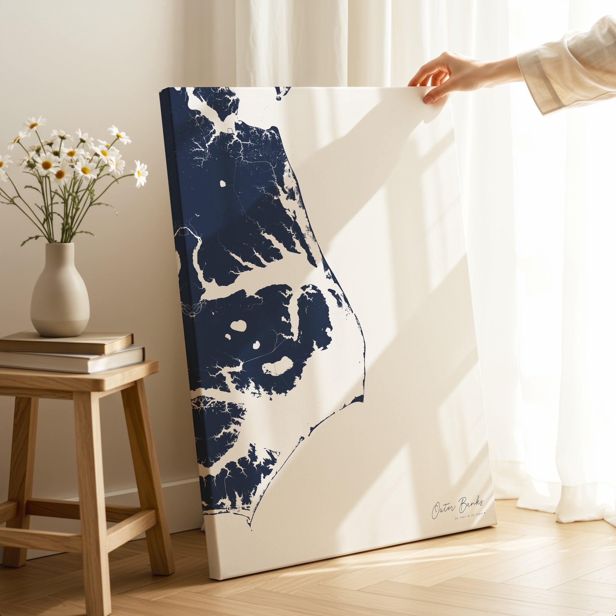 Outer Banks navy vertical wrapped canvas map in the ratio 2:3 hand mockup
