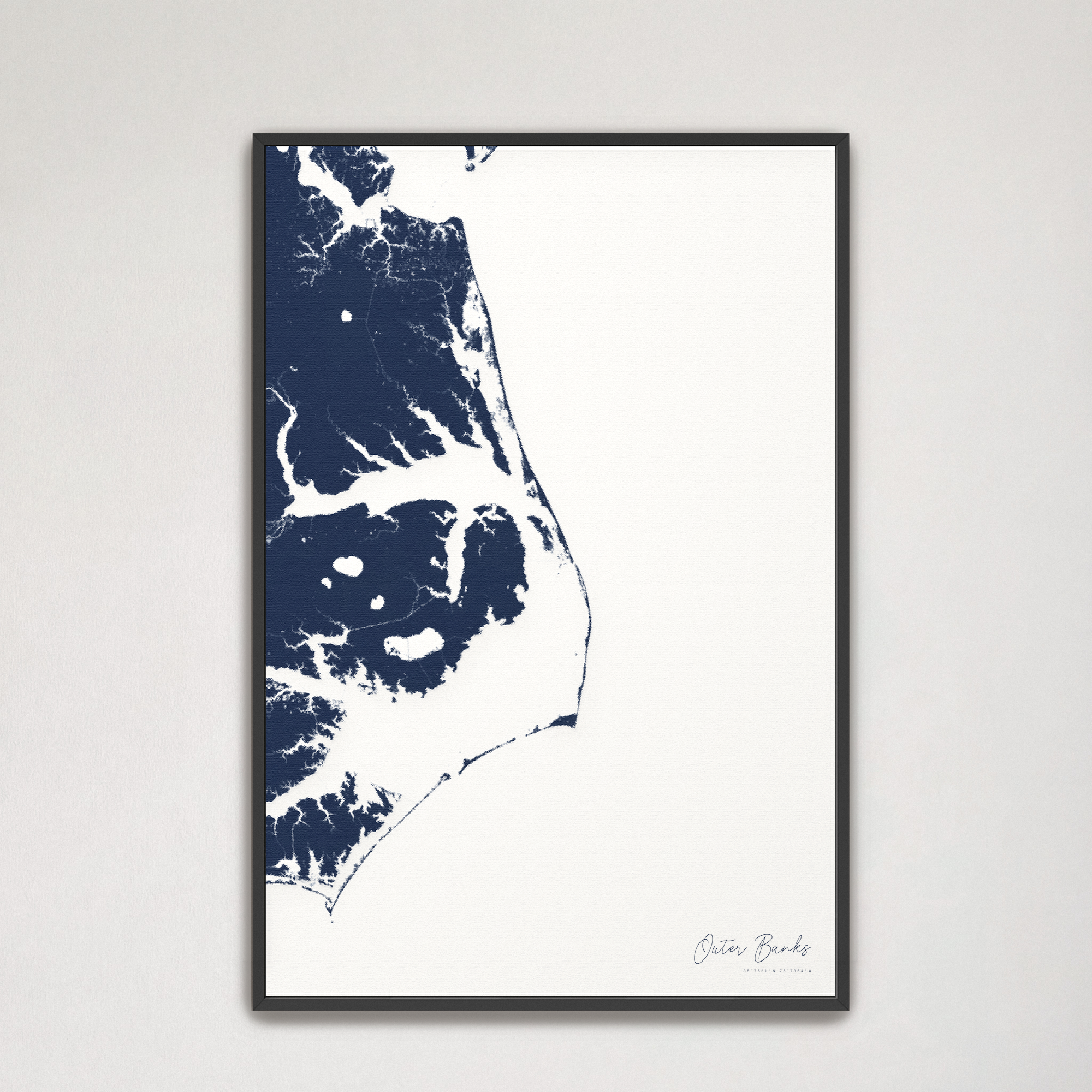 Outer Banks Canvas Map - Vertical, navy, Black Frame