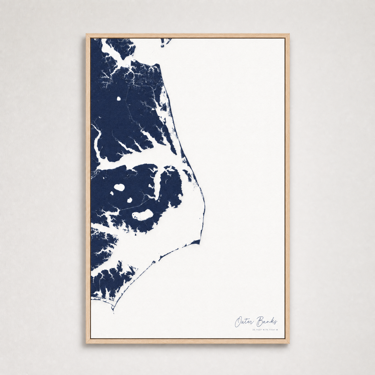 Outer Banks Canvas Map - Vertical — navy, Light Wood