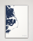 Outer Banks Canvas Map - Vertical, navy, White Frame