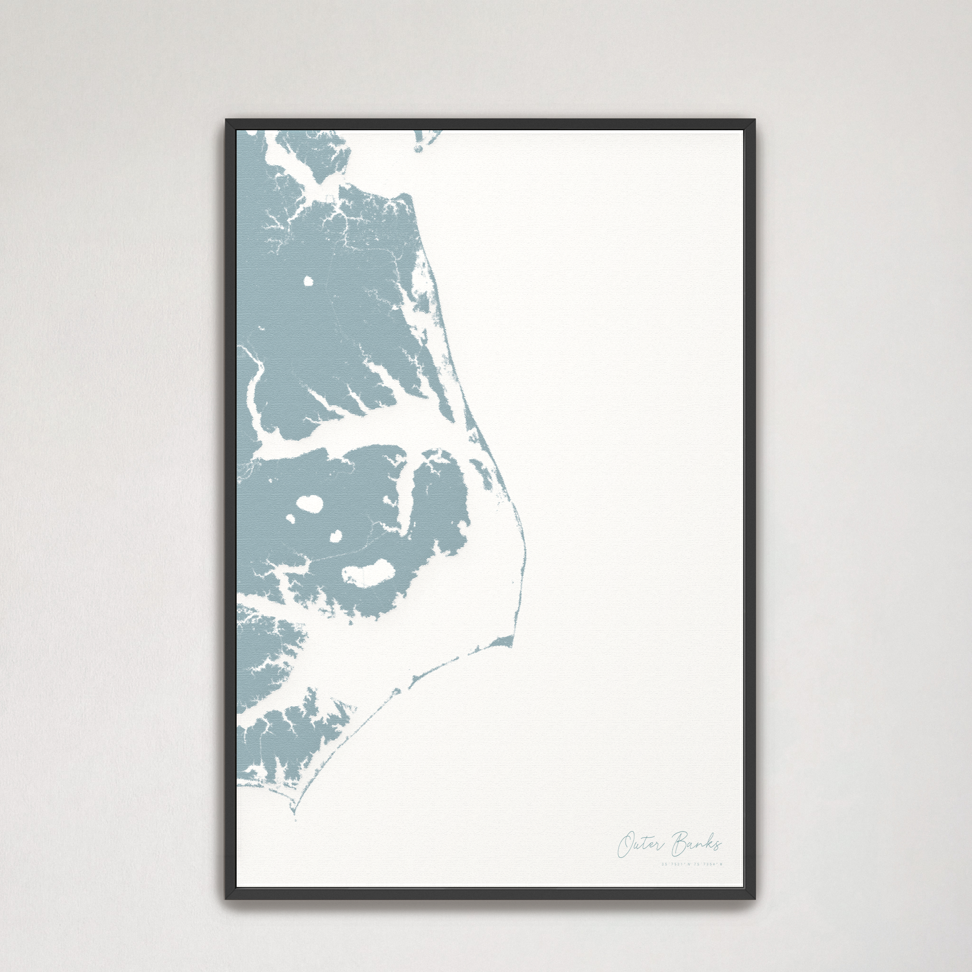 Outer Banks Canvas Map - Vertical, soft-blue, Black Frame