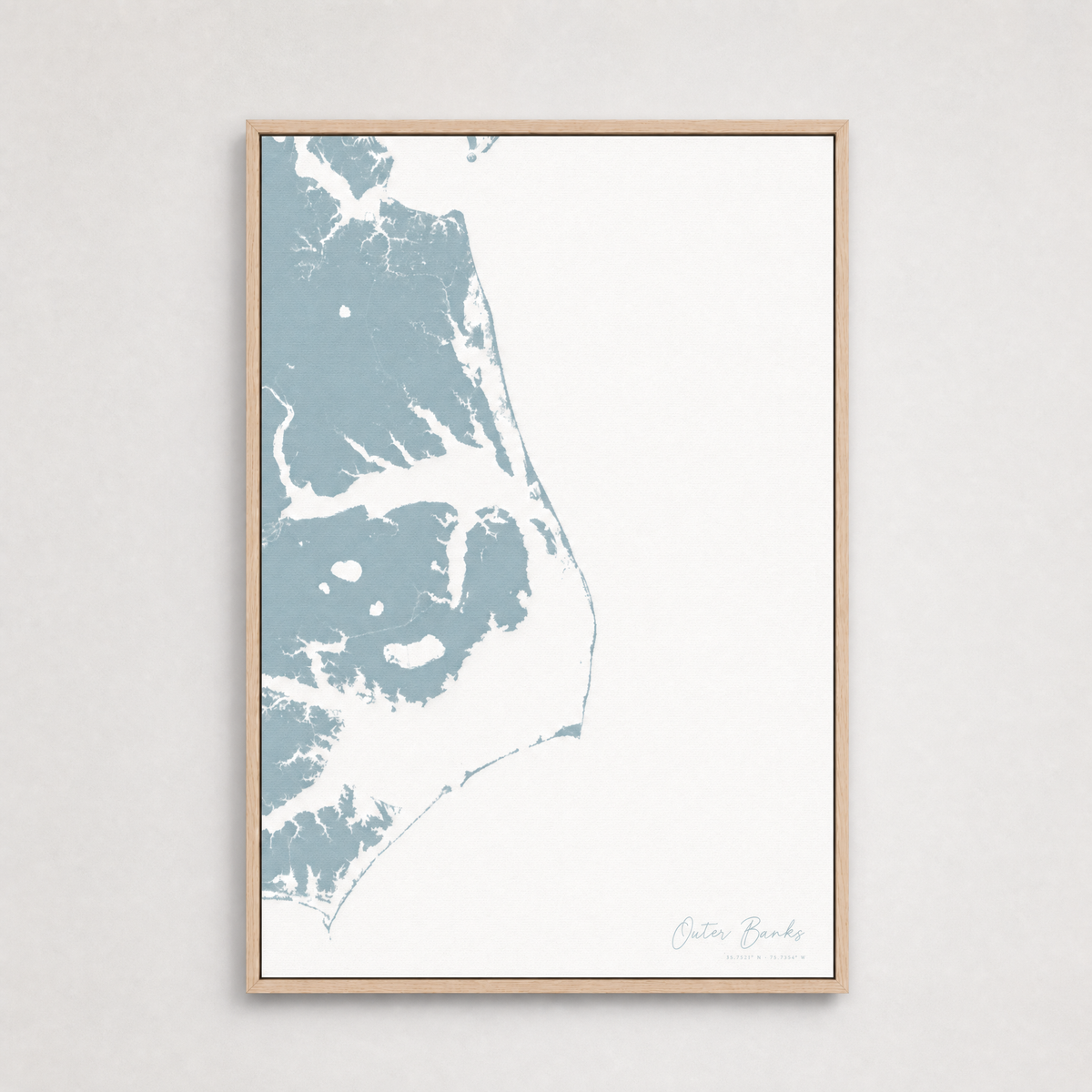 Outer Banks Canvas Map - Vertical — soft-blue, Light Wood
