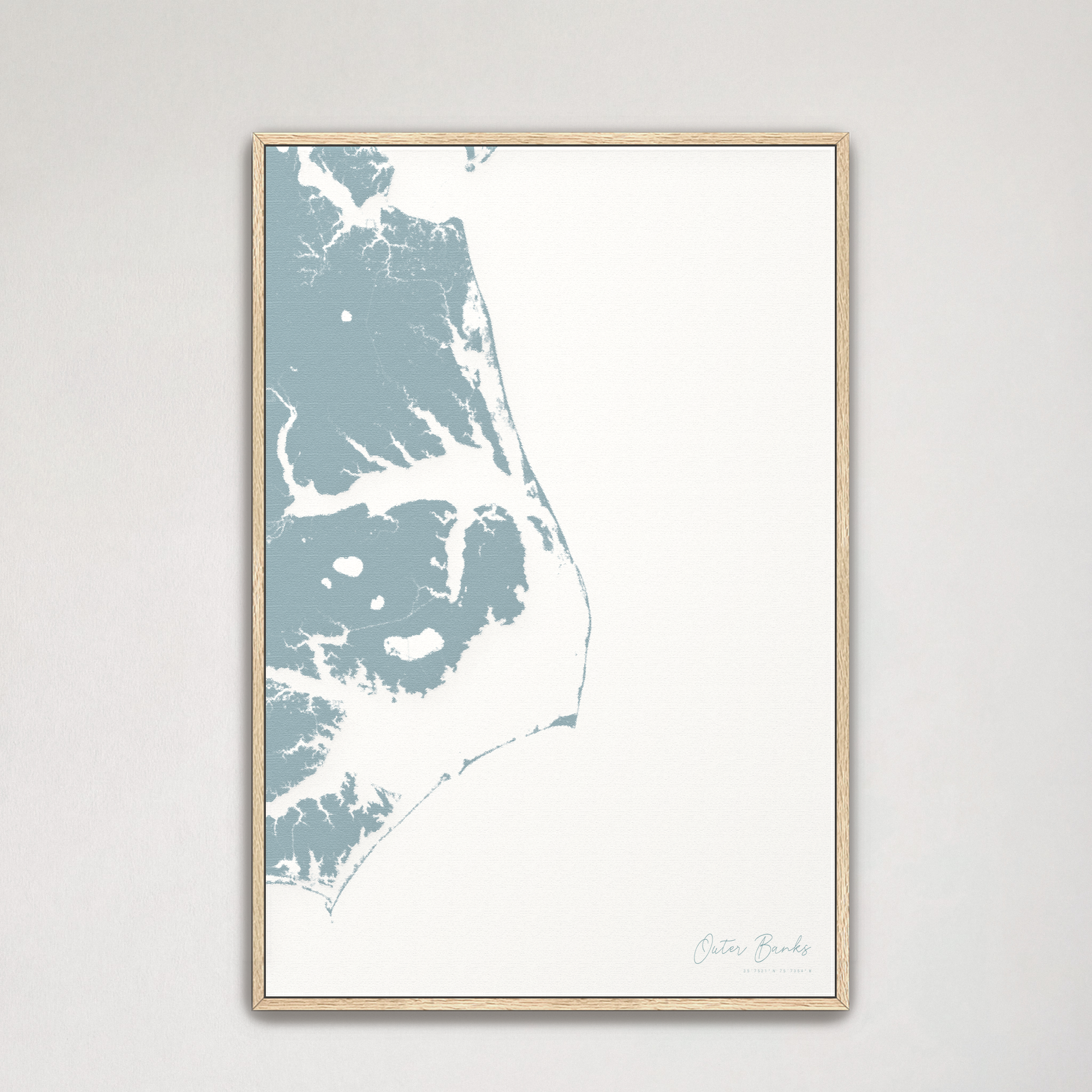 Outer Banks Canvas Map - Vertical, soft-blue, Natural Oak