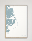 Outer Banks Canvas Map - Vertical, soft-blue, Natural Oak