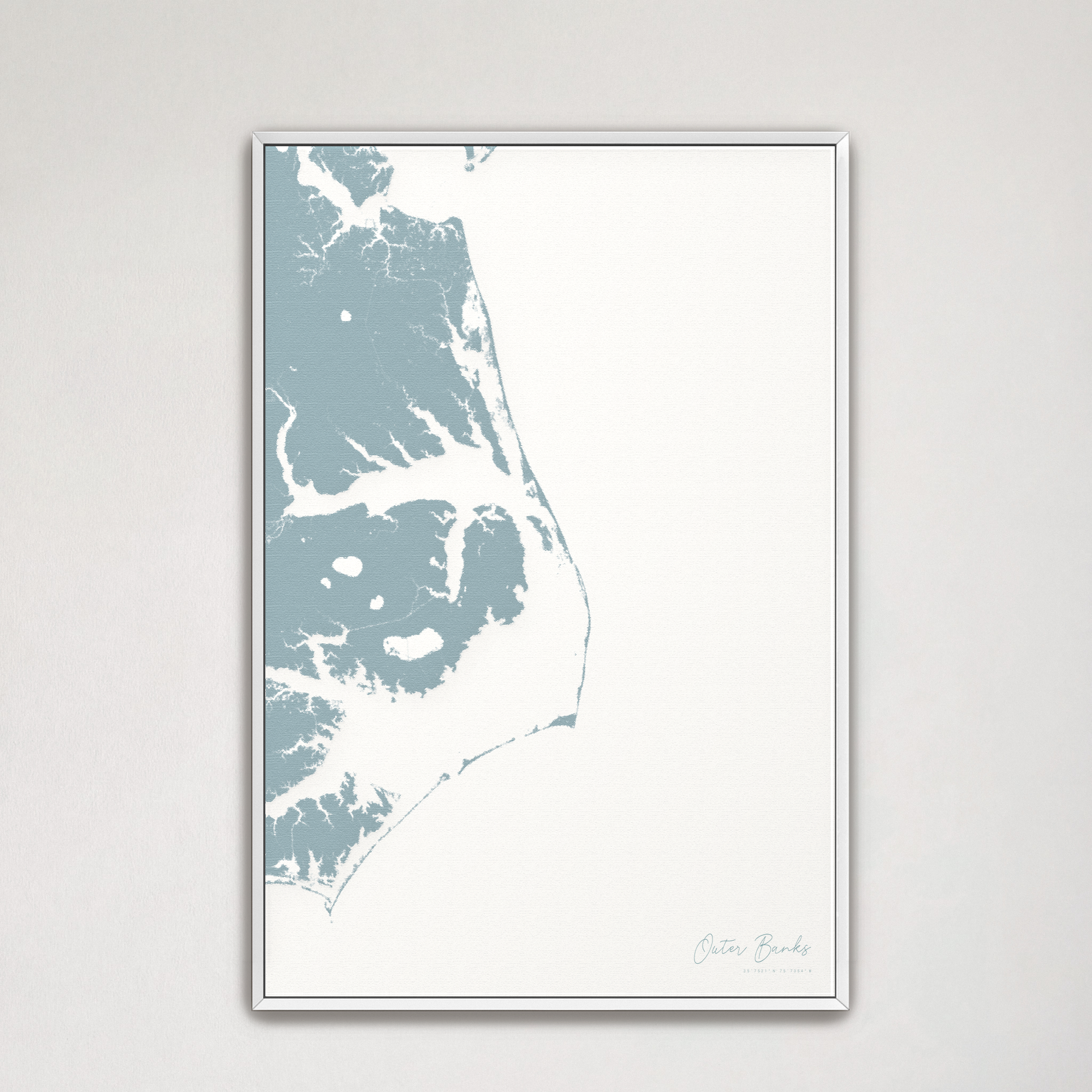 Outer Banks Canvas Map - Vertical, soft-blue, White Frame