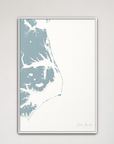 Outer Banks Canvas Map - Vertical, soft-blue, White Frame